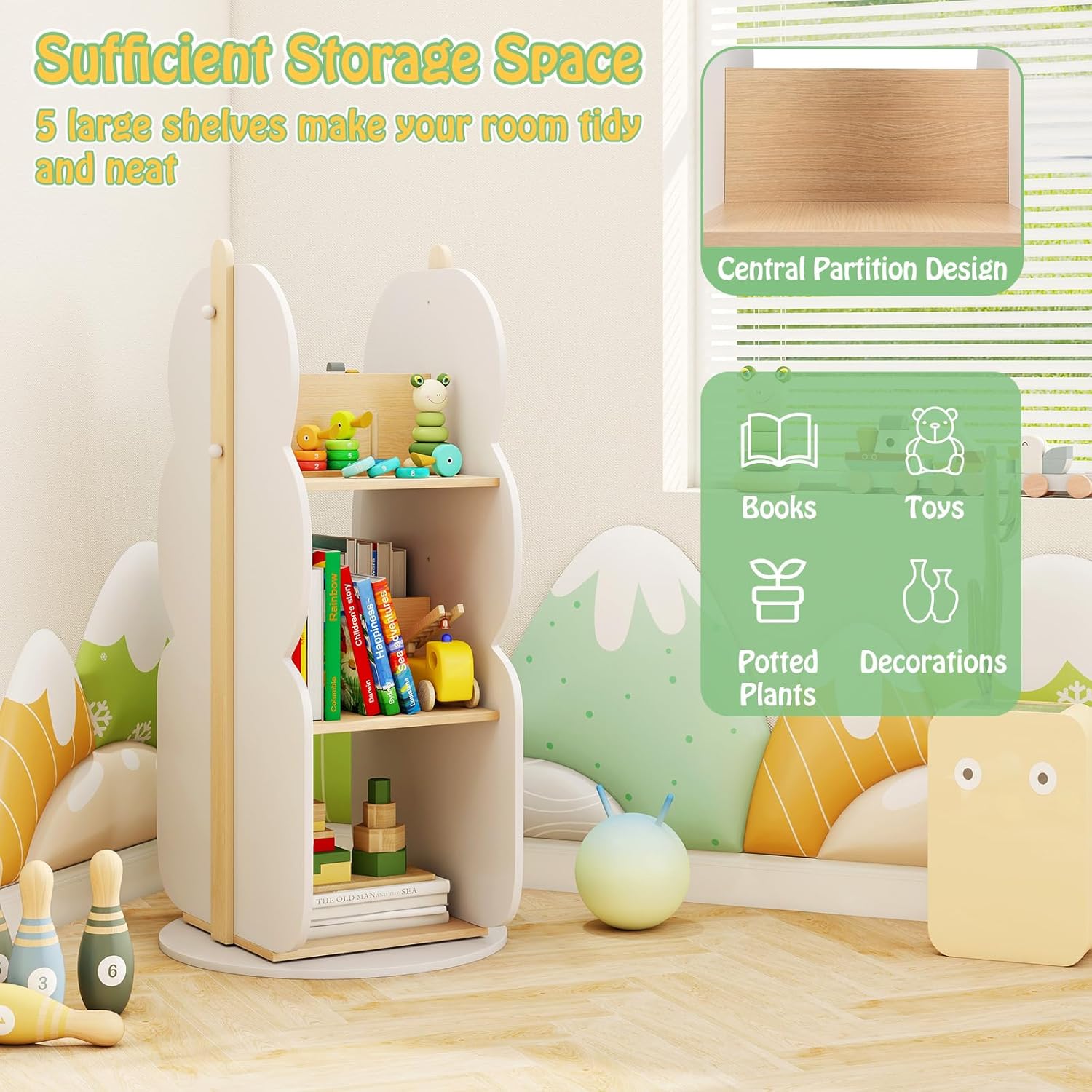 HONEY JOY Kids Rotating Bookshelf, Wooden Spinning Small Corner Organizer, 360°Display Standing Toddler Bookshelf, Narrow Storage Rack, Montessori Book Shelf for Nursery, Classroom, Playroom, Bedroom