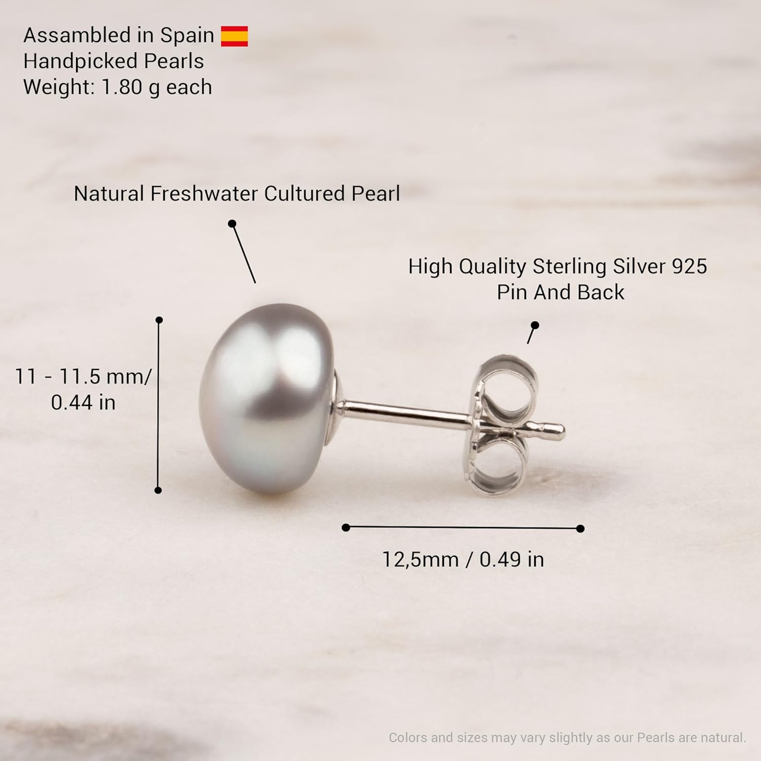 Freshwater Cultured Pearl Stud Earrings for Women Button Shape Gray Color SECRET & YOU - Sterling Silver 925 - Available in 4 sizes from 8 mm to 11 mm