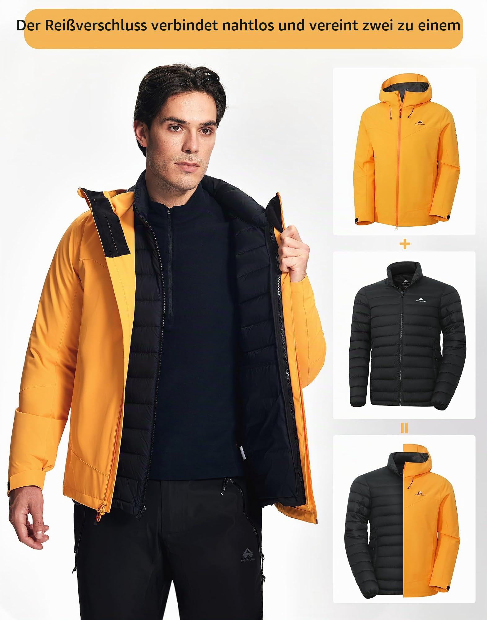 Pioneer Camp skijacke herren–winterjacke 3 in 1 jacke herren trainingsjacke,Wasserdichtes,Kapuzen-Stehkragen-Design, Innenfutter aus Baumwolle