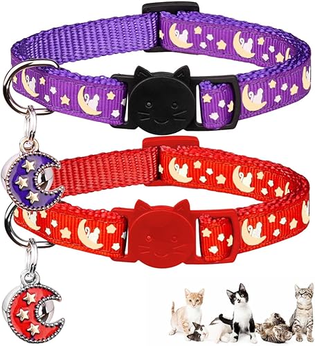 2 collares de gatos separables para niños y niñas, collares ajustables para gatitos con campana, morado y escarlata