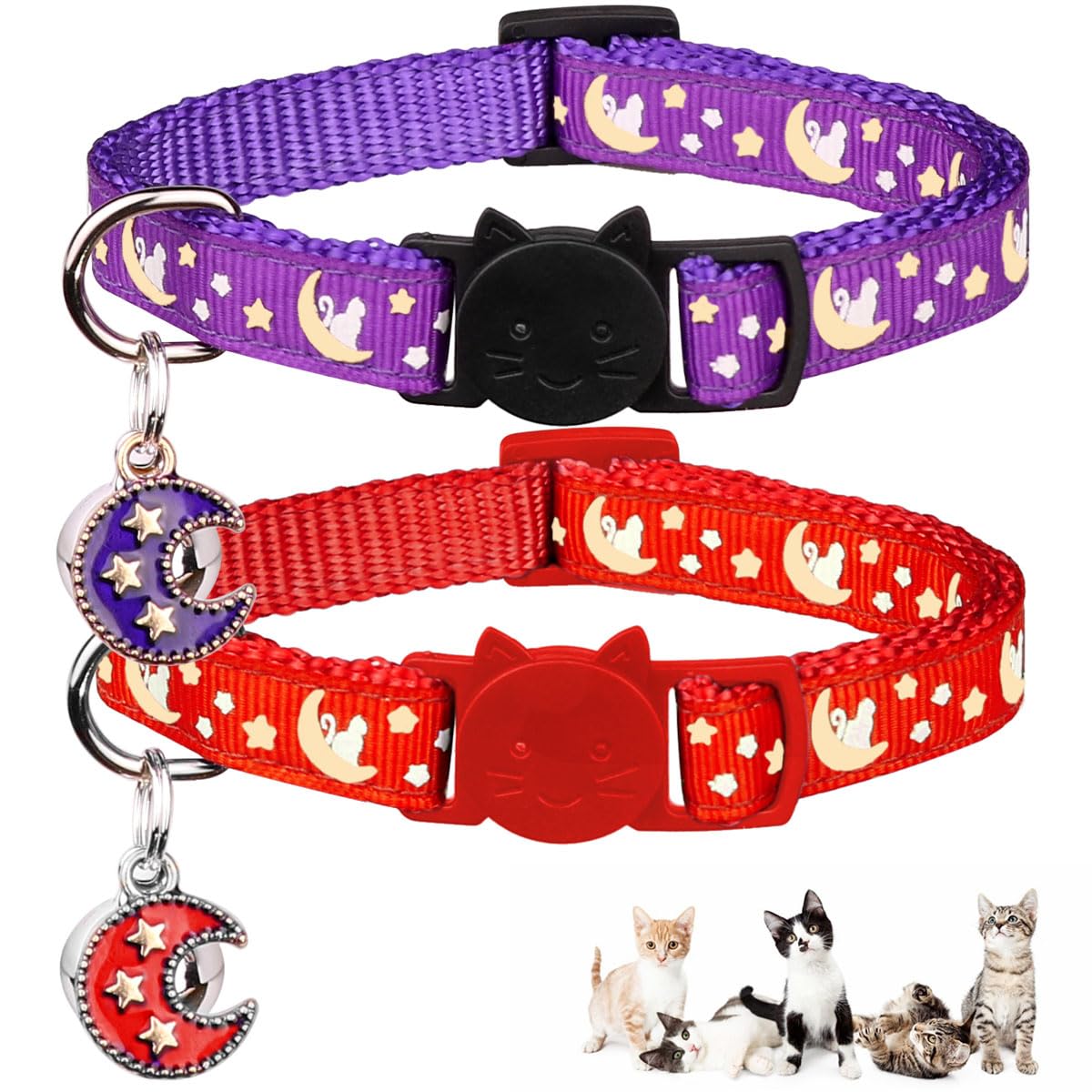 Katzenhalsbänder mit Trennverschluss, für Jungen und Mädchen, verstellbar, mit Glöckchen, Violett + Scharlachrot, 20,3 cm - 33,3 cm, 2 Stück