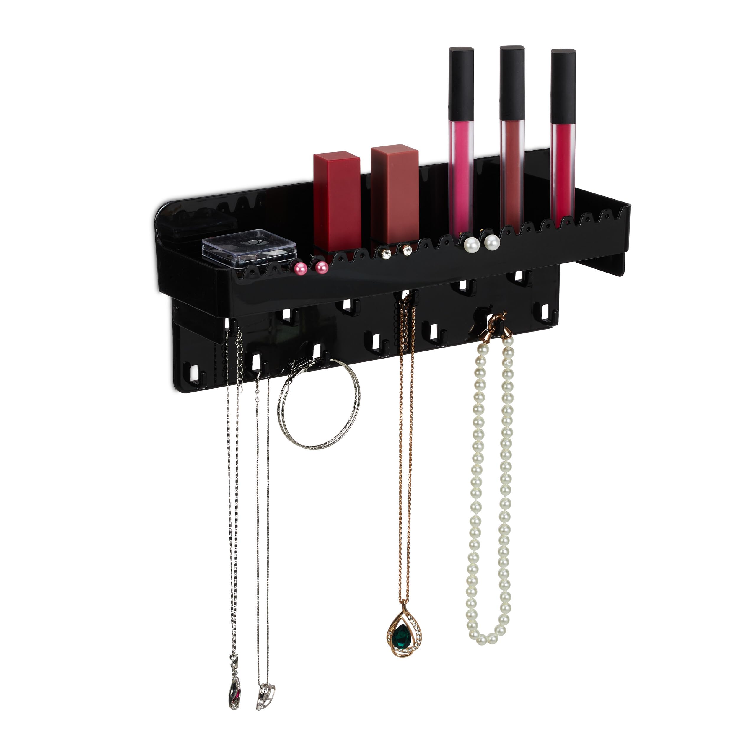 Relaxdays Jewellery Holder, Adhesive, for Necklaces, Earrings & Bracelets, with Shelf, HxWxD: 12 x 30 x 8 cm, Black