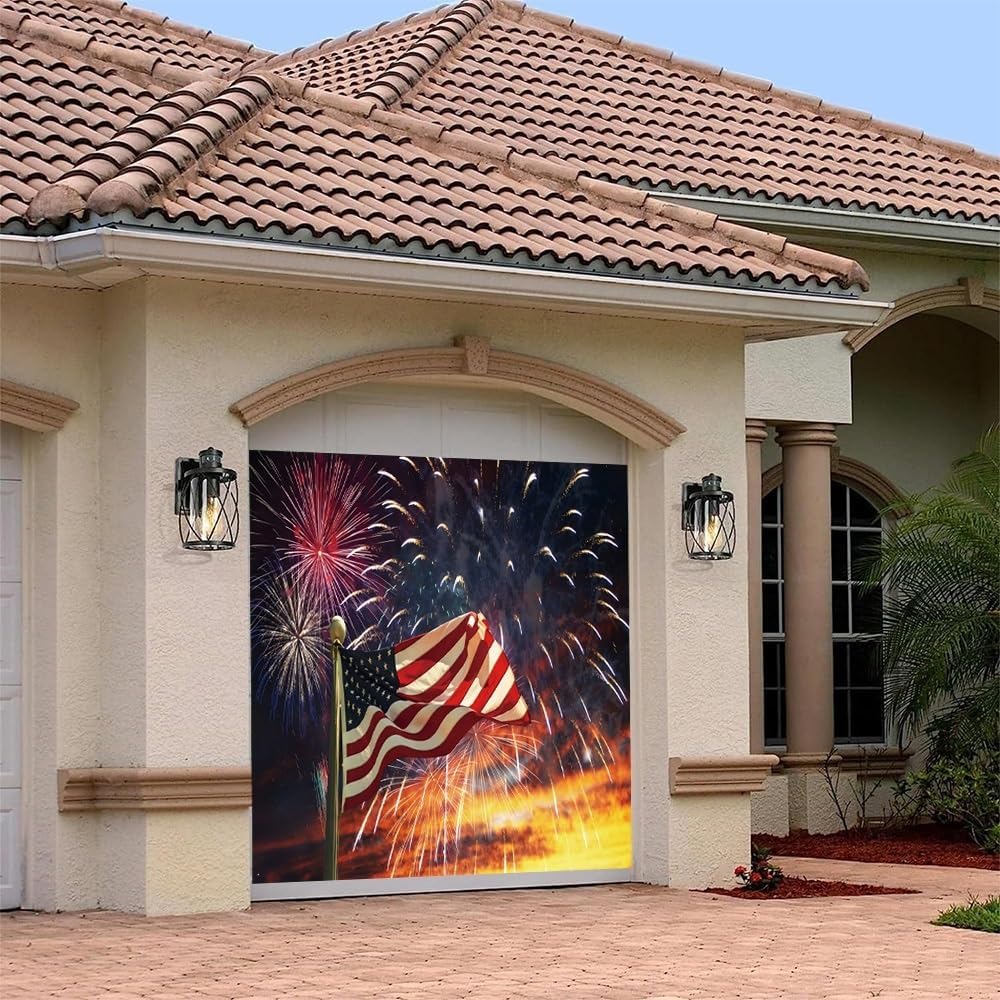 Leyiyi 7x8ft American Flag Garage Door Decorations Banner Fireworks Patriotic 4th of July Garage Door Cover Independence Day Garage Door Banner for Memorial Veterans Day Party Decoration Banner
