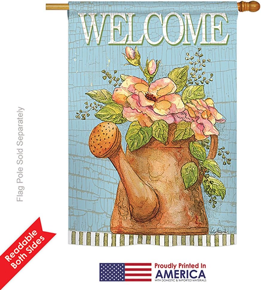 Breeze Decor - Welcome Watering Can Spring - Everyday Impressions Decorative Vertical House Flag 28" x 40" Printed In USA
