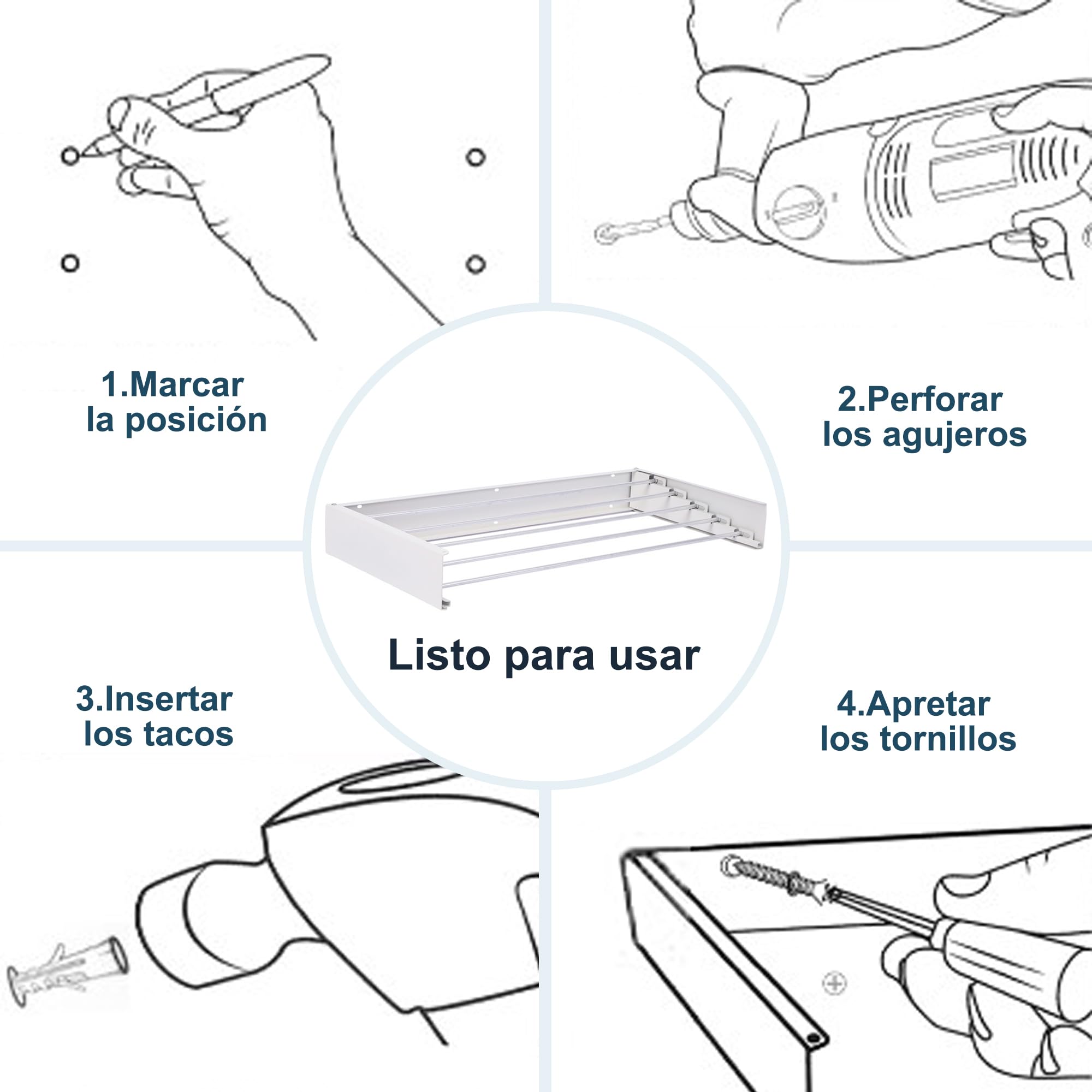 FUSHITON Tendedero de Pared Plegable 5 Barras, Soporte de Toallas Plegable de Aluminio + Acero al Carbono Recubierto de Polvo, Ahorro de Espacio para Baño y Balcón, MAX 10 kg, Blanco