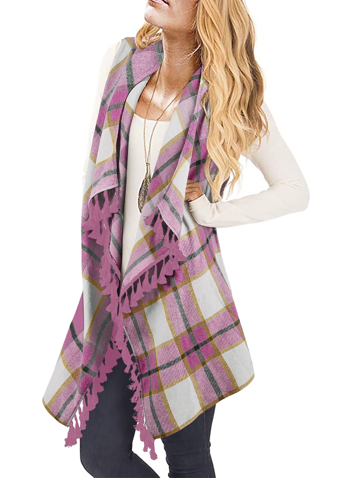 Inorin Womens Sleeveless Plaid Asymmetrical Hem Tassel Drape Open Front Cardigan Vest