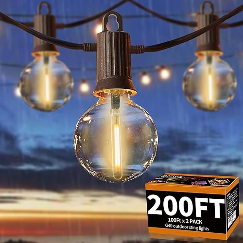 ZOTOYI Outdoor String Lights Waterproof IP65, 200 FT Outdoor Lights for Patio with 104 Shatterproof G40 Bulbs(4 Spare), LED String Lights for Outside, Cafe, Porch, Backyard, Dimmable (2-Pack 100FT)
