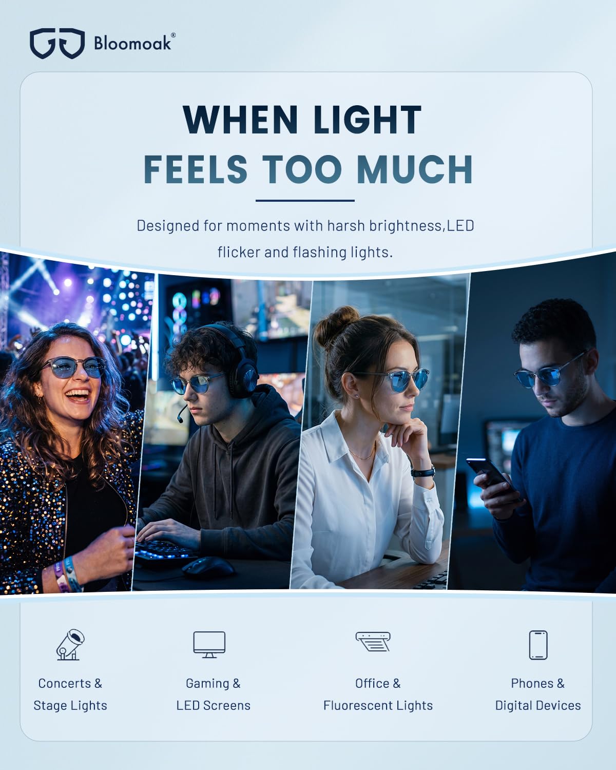 Bloomoak Z blau getönte Brille bei Stroboskoplicht-Empfindlichkeit, für Konzerte, LED-Licht, Bildschirmflimmern und Lichtempfindlichkeit