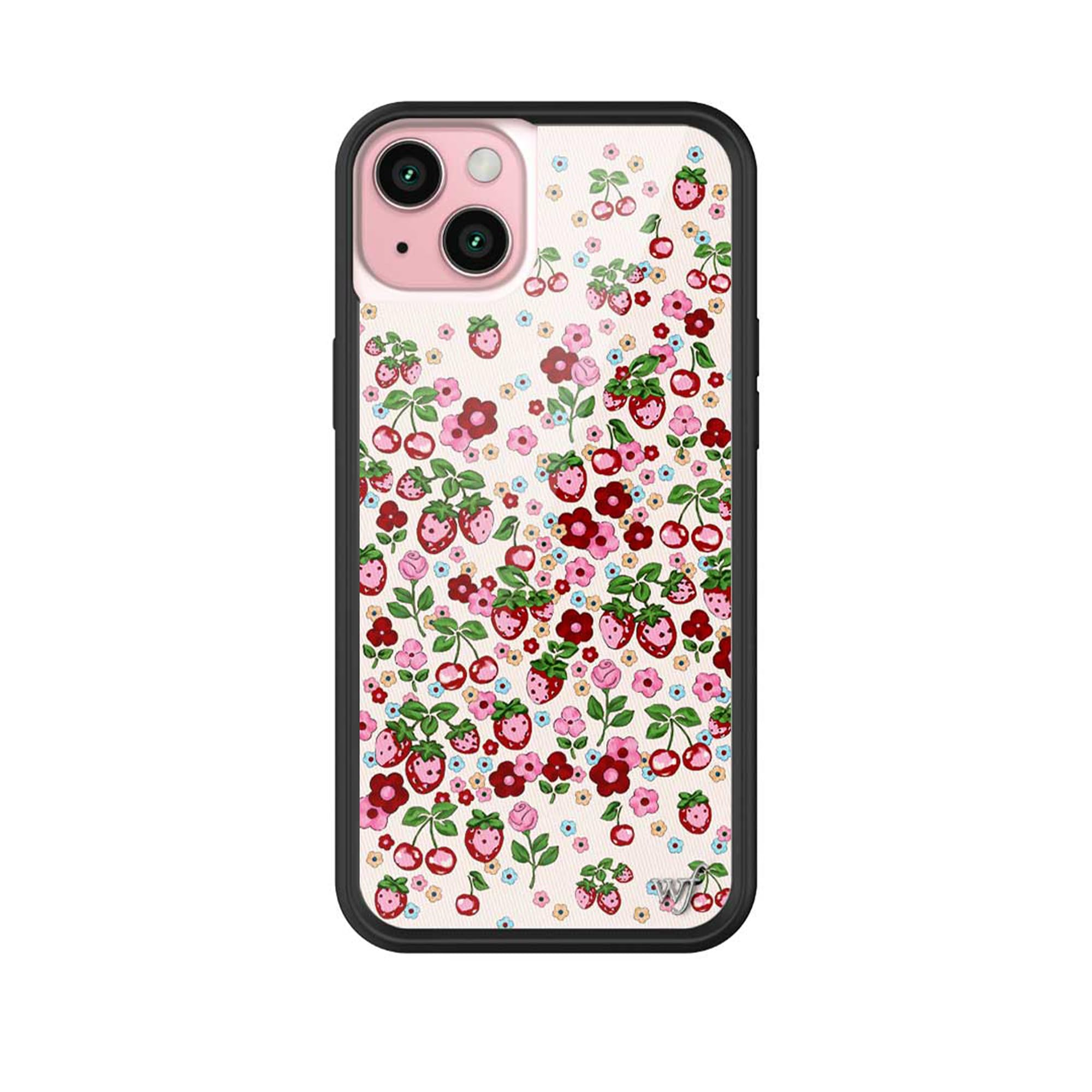Wildflower Cases - Compatible with Apple iPhone 15 Plus | Protective Black Bumper, 4ft Drop Test Certified, Women Owned Small Business | Berry World - Fruit Cherries Strawberry Floral Cute Trendy