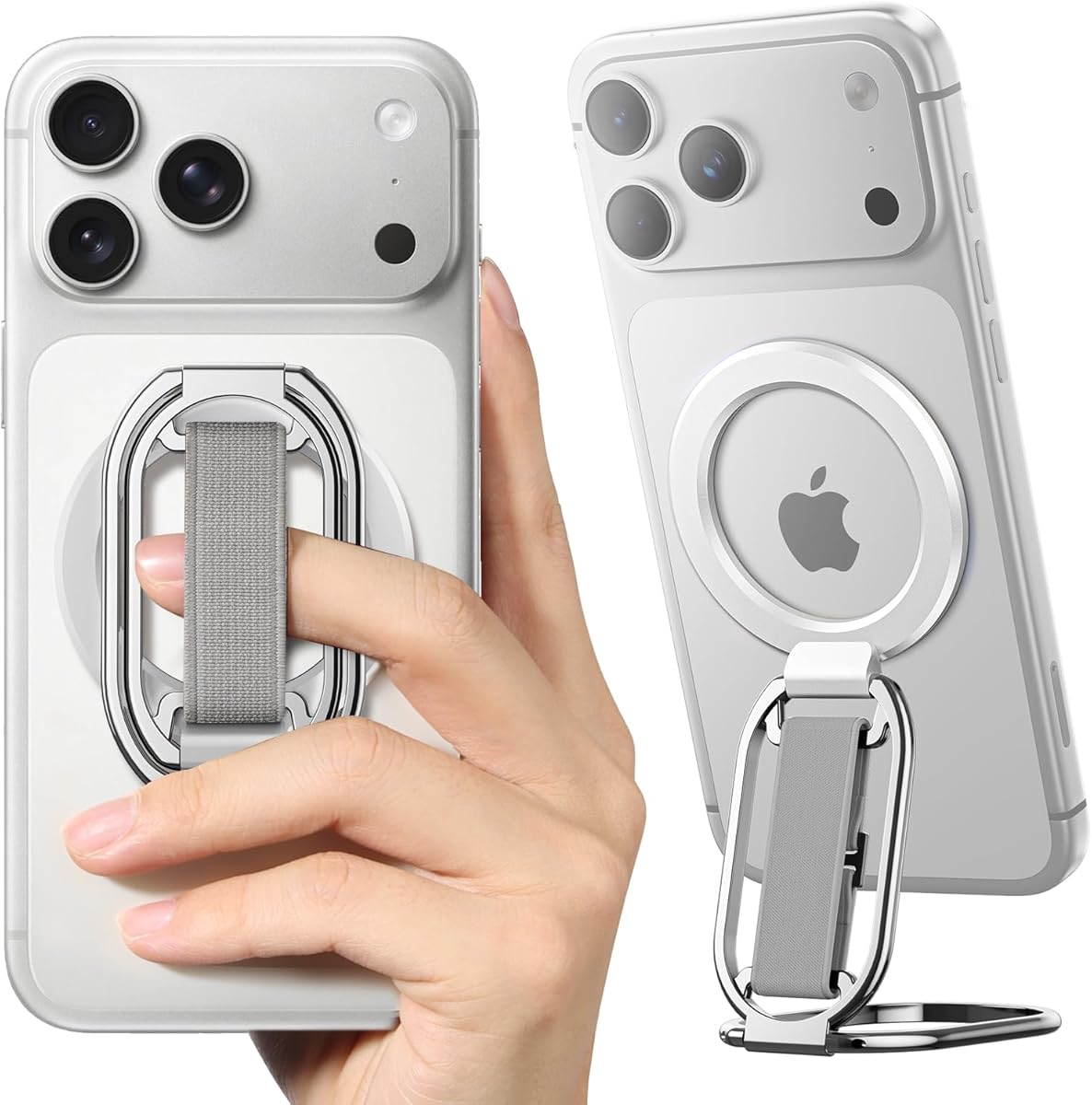 [2025 Newest] SUPERONE for Magsafe Phone Grip for Magnetic Kickstand Compatible with Mag Safe Finger Loop, 4-in-1 Phone Ring Holder Strap for Magnetic iPhone 17/16/15/14/13/12 (Silver)