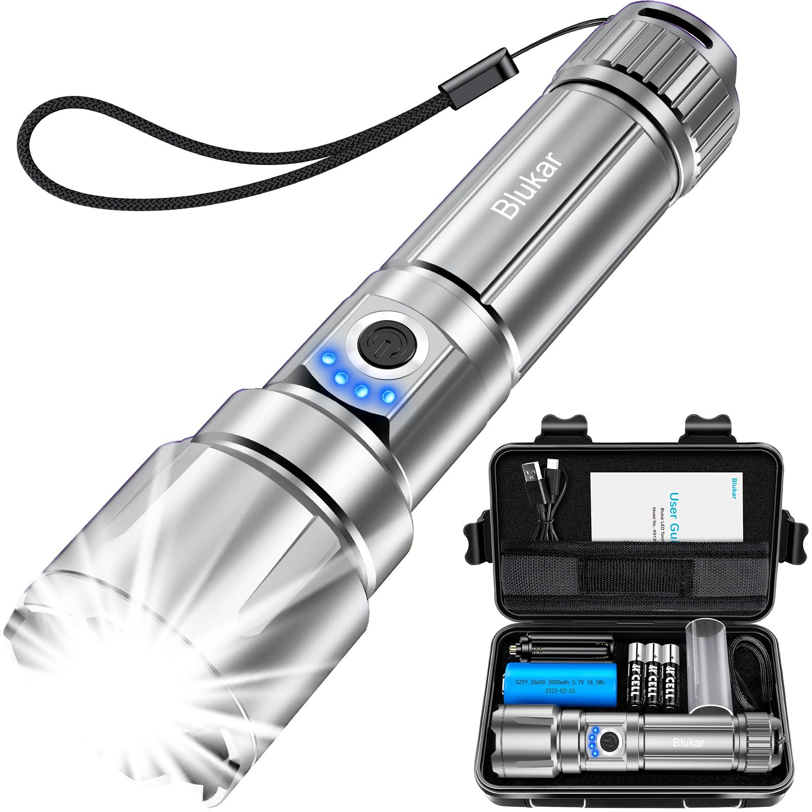 Blukar Taschenlampe LED Aufladbar, Extrem Hell Zoombare Taschenlampen Starke mit 5 Lichtmodi, IP67 Wasserdichte Flashlight Torch für Camping, Wandern, Outdoor, Angeln-Silber