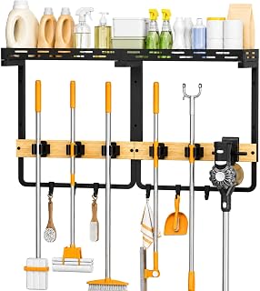 Large Broom Holder Wall Mount with Shelf, 5 Grippers and 6 Hooks | 26.8 in wide top storage, raised guardrails, side vacuum holder, metal frame, bamboo panels, laundry room and garage use