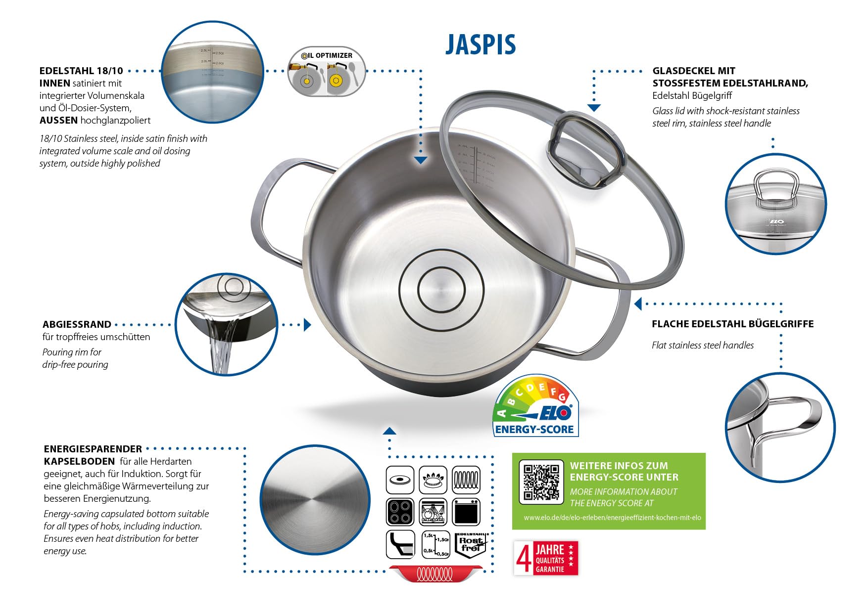 ELO Topfset Jaspis 5-teilig, Edelstahl 18/10 - Induktion, Literskala | Volumenskala, Öl-Dosiersystem, spülmaschinengeeignet, backofenfest, Geschweißte Edelstahlgriffe