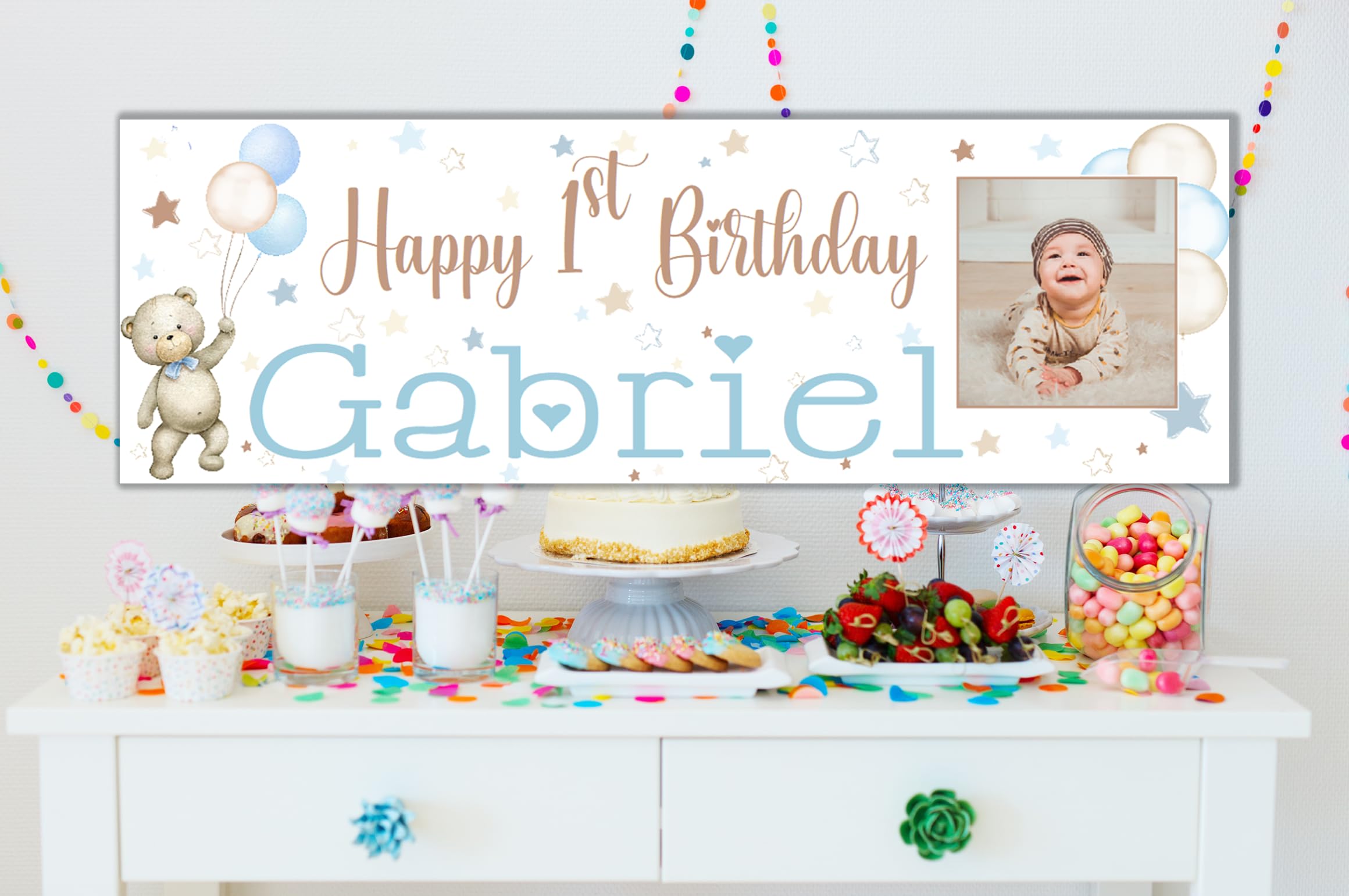 6ft Large Personalised Happy 1st Birthday Photo Banner - Beary First Birthday Decorations for Boys -Blue Teddy Bear Party Backdrop Customised with Name (6x2ft Indoor or Outdoor)