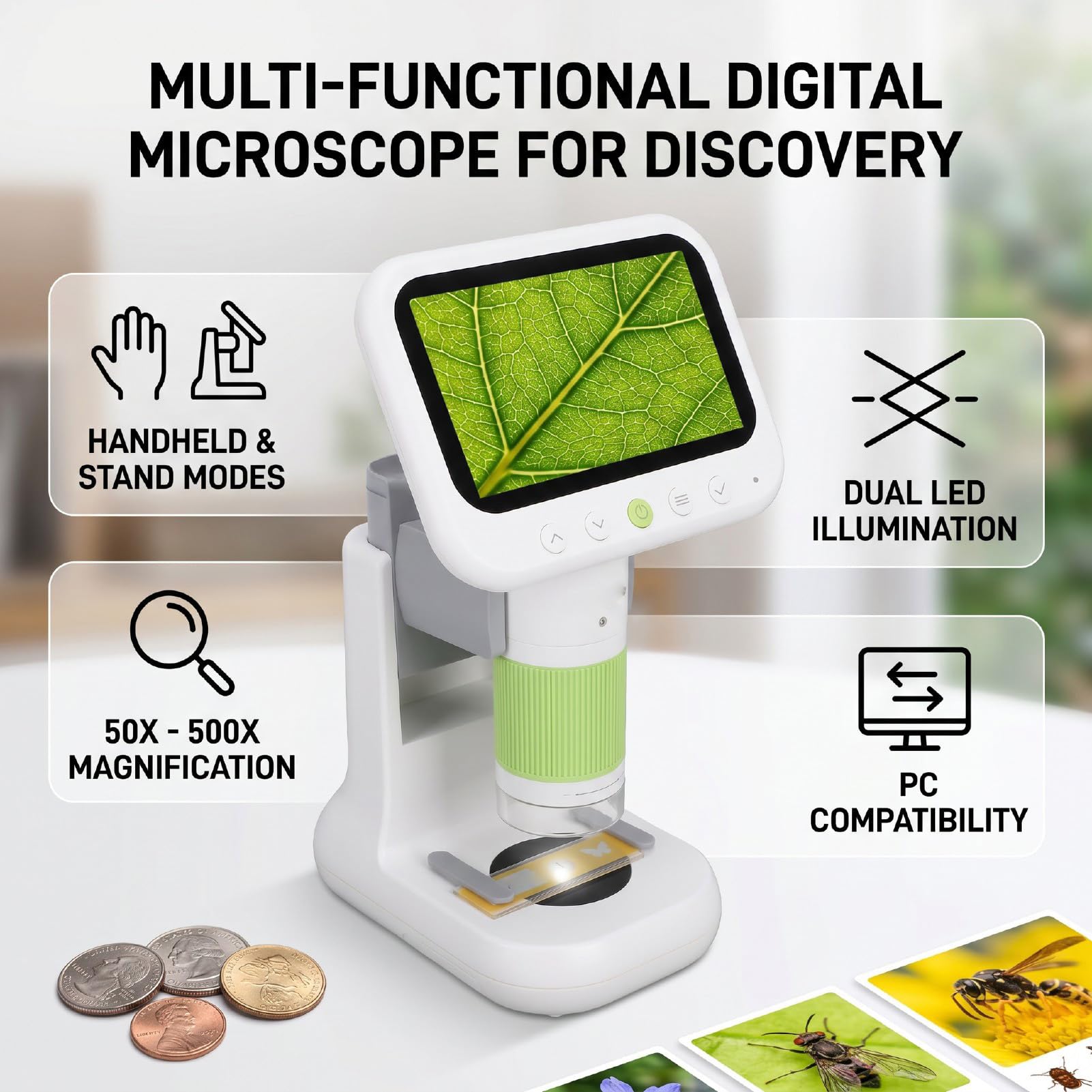 Microscopio Digital para Niños, Zoom 50X - 500X con Pantalla 4.3" 1080P, Soporte Portátil Modos Duales, Luces LED, Almacenamiento de 8 GB, Juguetes Científicos para Estudiantes y