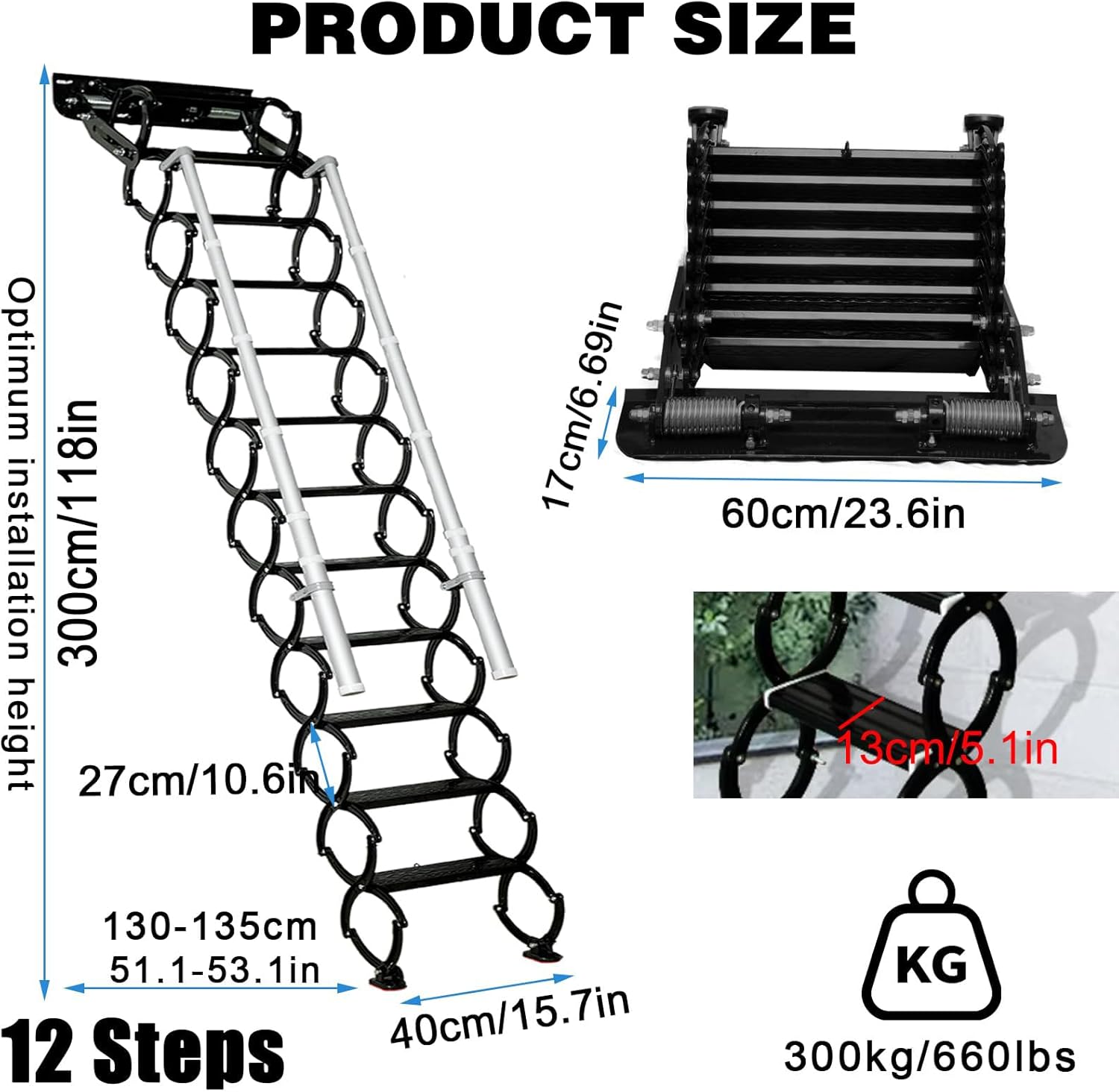 12 Stpes Wall-Mounted Folding Stairs, Telescopic Attic Ladder, Pull Down System Folding with Handrail, Applicable Height is 9.6-10ft, Extendable Ladder for Home Garage Attic (White, 9.6-10ft)