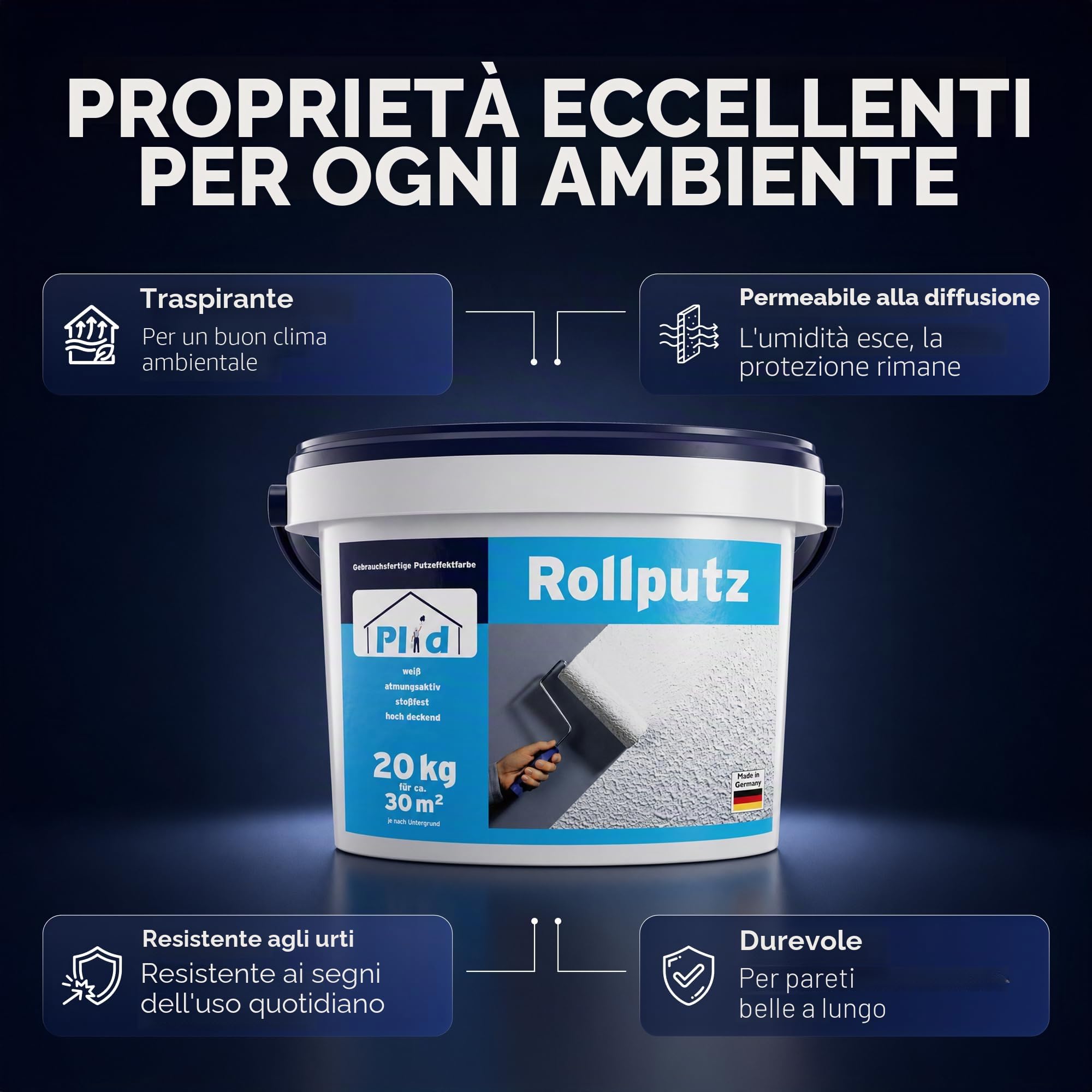 plid® Intonaco a Rullo per Interni & Esterni Bianco Opaco [20kg Set] - Traspirante, alta copertura, pronto all’uso - Finitura fine e grossolana per pareti interne ed esterne - Made in Germany