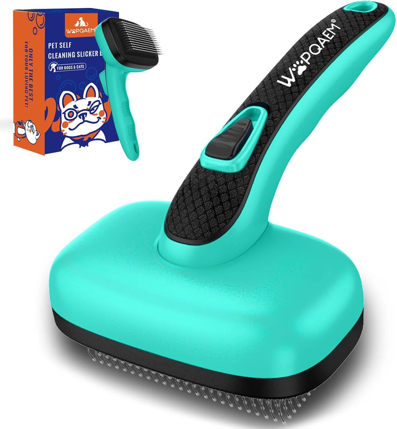 Self Cleaning Slicker Brush for Dog, Cat, Skin Friendly Shedding & Grooming Tool for Long and Short Haired Pets, Easy Clean Retractable Bristles, Green