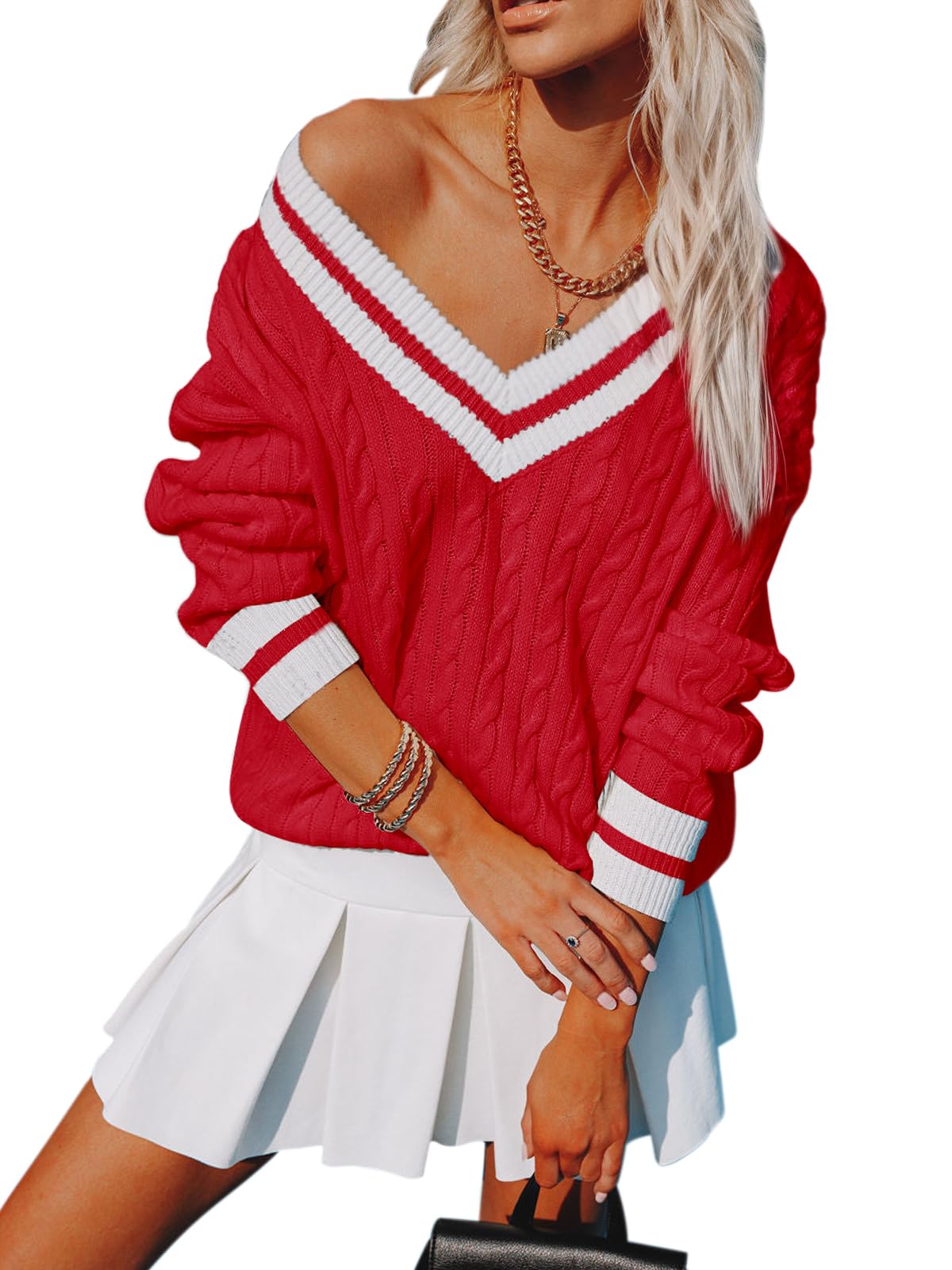 Womens V Neck Oversized Sweaters Long Sleeve Cable Knit Pullover Striped Chunky Sweater Casual Tennis Tunic Tops