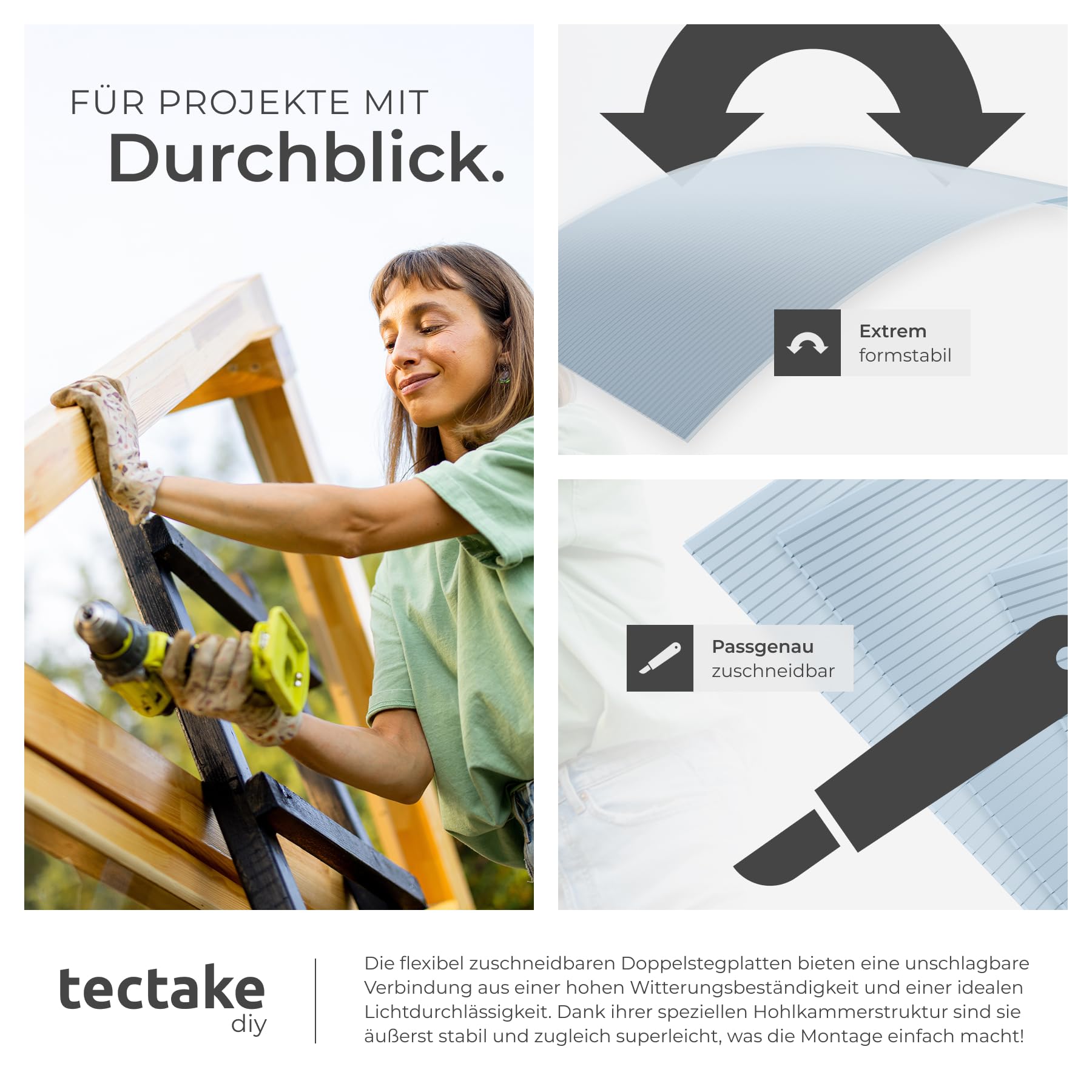 tectake® Polycarbonat Doppelstegplatten, 14x Platte, UV-beständige Kunststoffpaneele, Stegplatten Kunststoffplatte Gewächshaus, Terrassenüberdachung, Frühbeetaufsatz - 121 x 60,5 x 0,6 cm