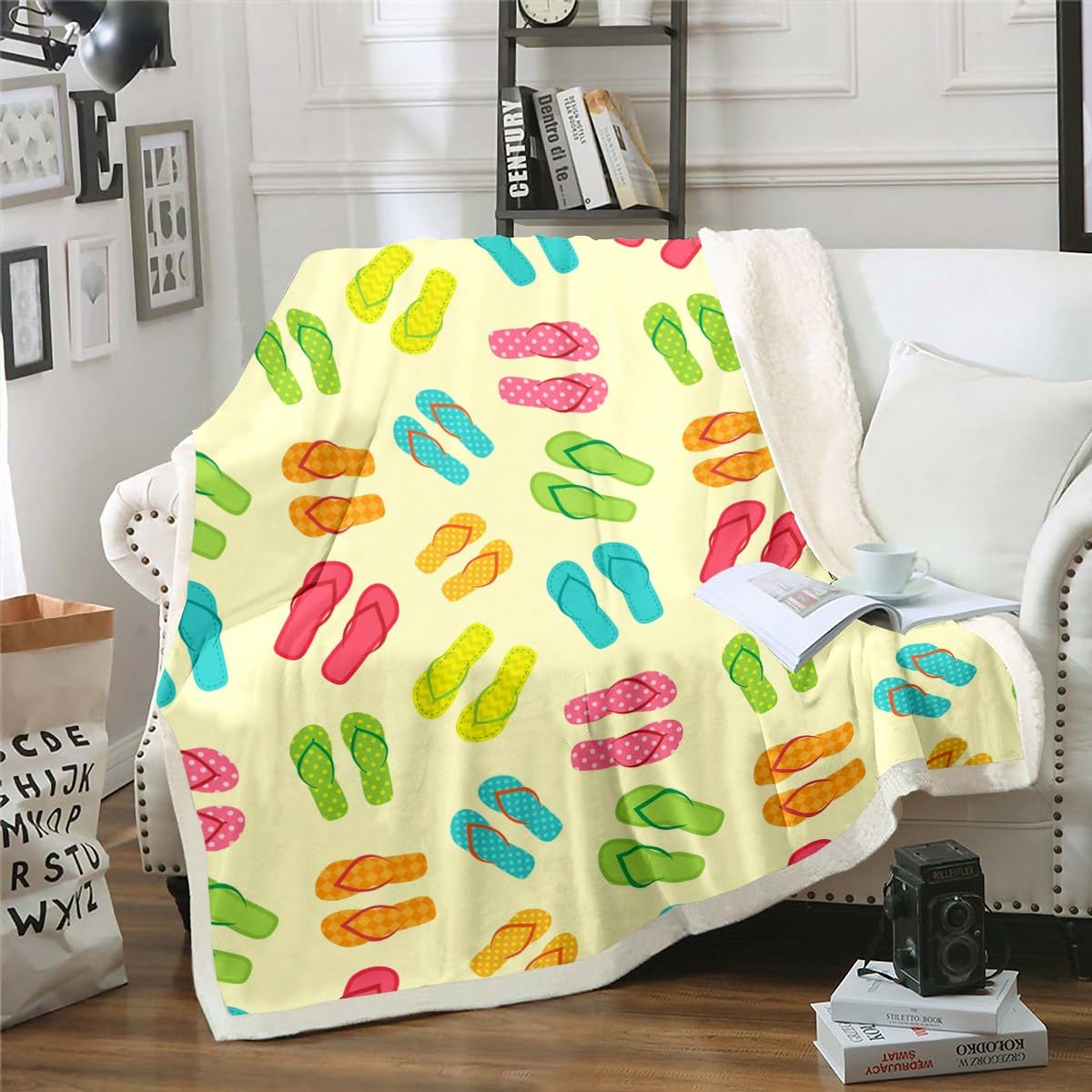 Erosebridal Colorful Flip Flops Blanket Beach Slippers Throw Blanket for Bed for Kids Boys Girls, Summer Holiday Fleece Blanket Hawaii Farmhouse Sherpa Blanket, Coastal Lodge Cabin Fuzzy Blanket
