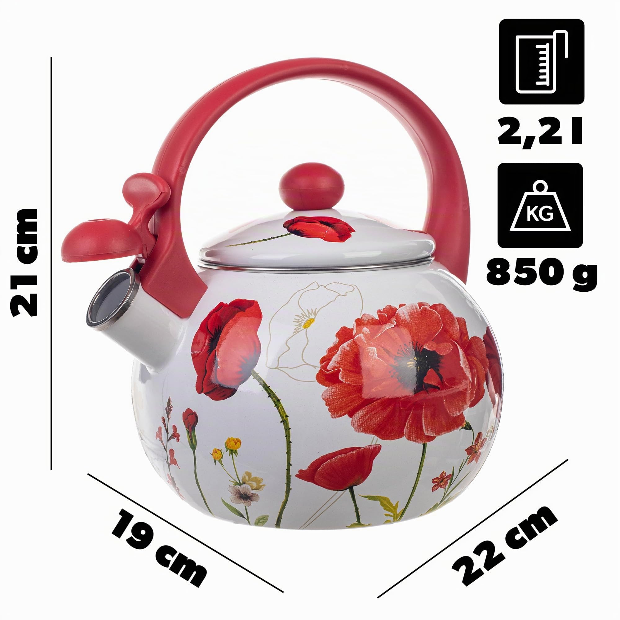 KADAX Bouilloire Sifflante en Acier 2.2L, Théière Émaillée pour Cuisinières à Induction et à Gaz, Dotée d'une Poignée Ergonomique et d'un Sifflet Intégré (Fleurs rouges)