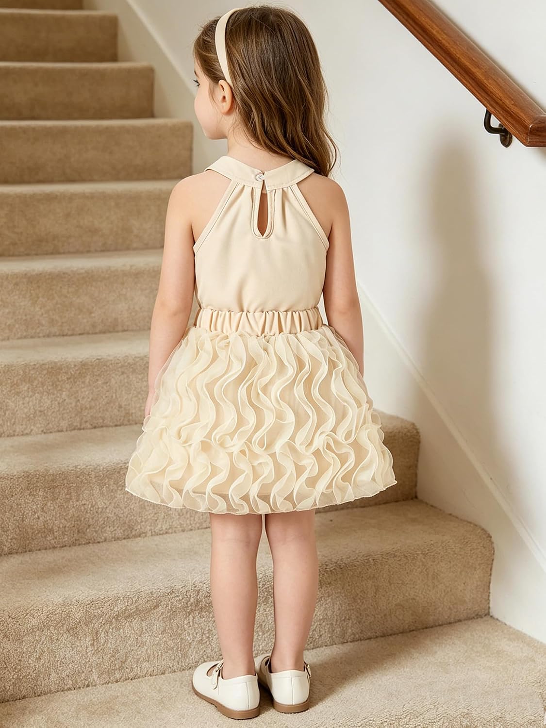ranrann Girls Puffy Skirt Set with Cute Bowknot Top Wedding Guest Tulle Dress Pageant Party Sundress Champagne 4-5 Years