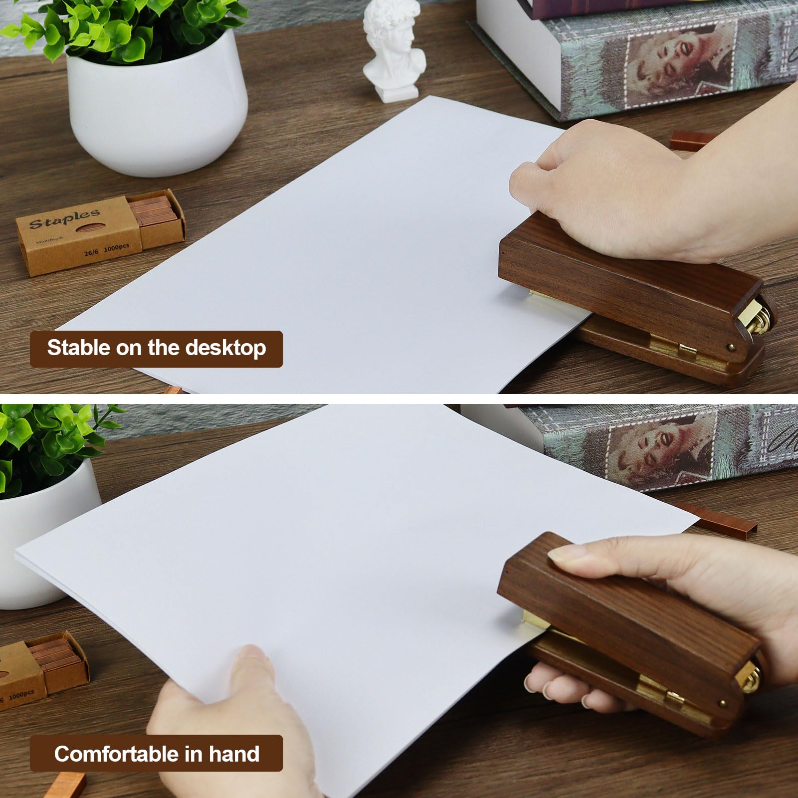 Walnut Wood Desk Organizer Set - 3-Piece Home Office Storage with Pen Holder, Note Clip & Stapler Portable Wooden Office Supplies Set for Students Eco-Friendly Desk Accessories - Image 3