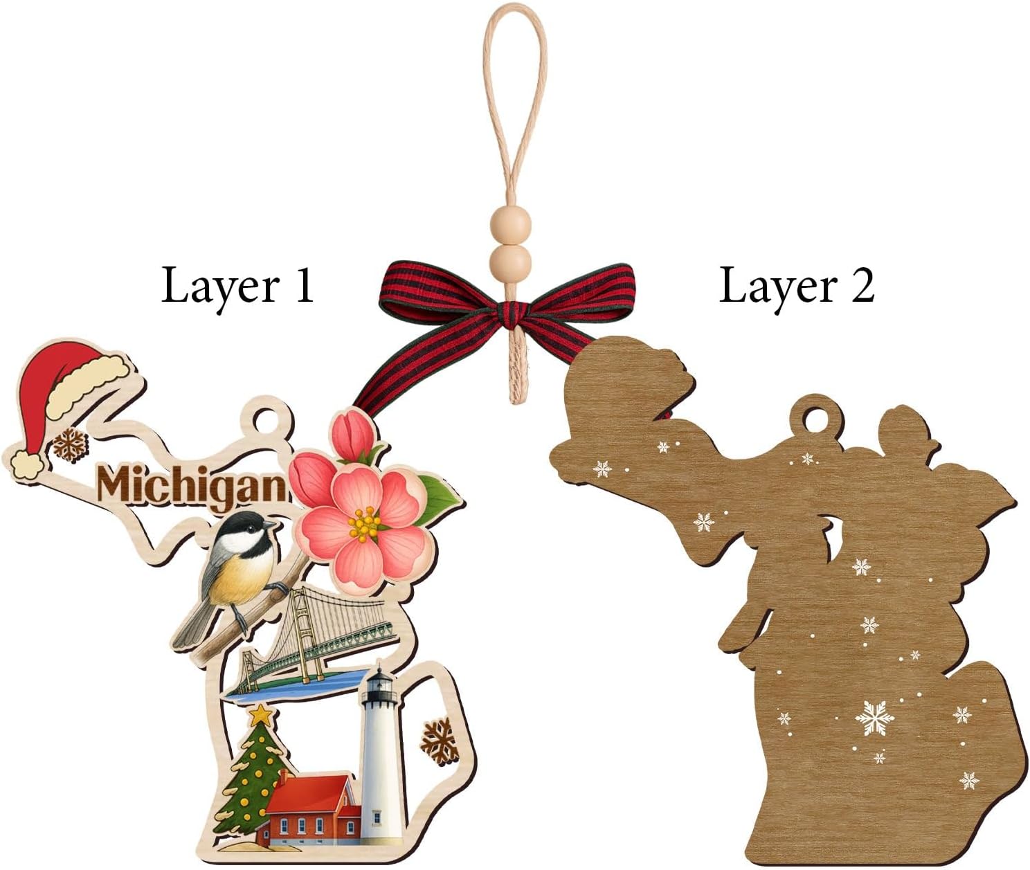 Michigan State Christmas Wooden Ornament - State USA Ornament - Moving to Michigan Gift - Travel Gift - 2 Layer Laser Cut Wooden Ornament - Image 3