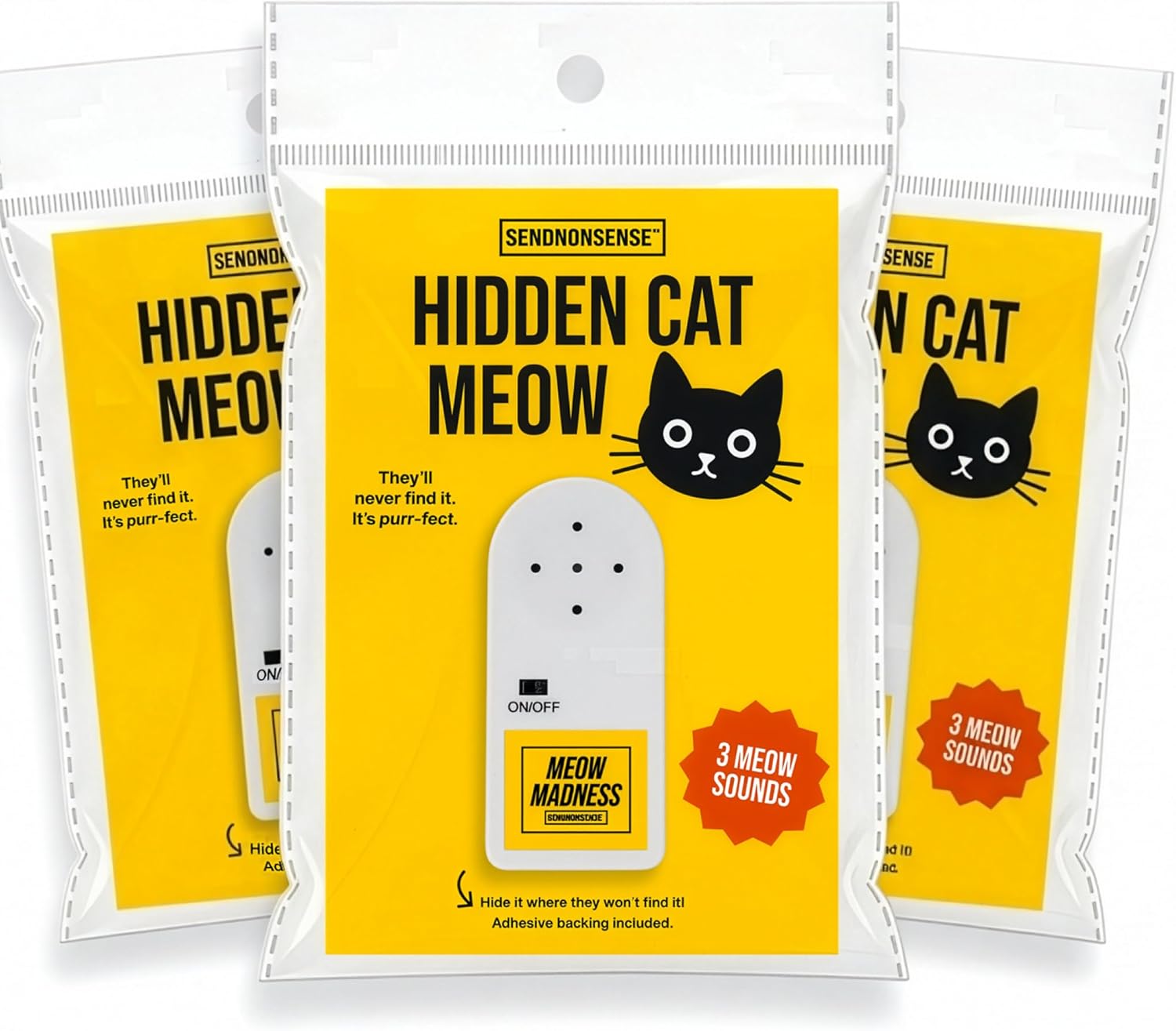 Hidden Cat Meow Prank Device – Random Meowing Sound Gag with Adhesive | Funny Office, Roommate, Family & Coworker Prank | Easy Hide, Battery Included (3, Hidden Cat Meow - 3 Pack)
