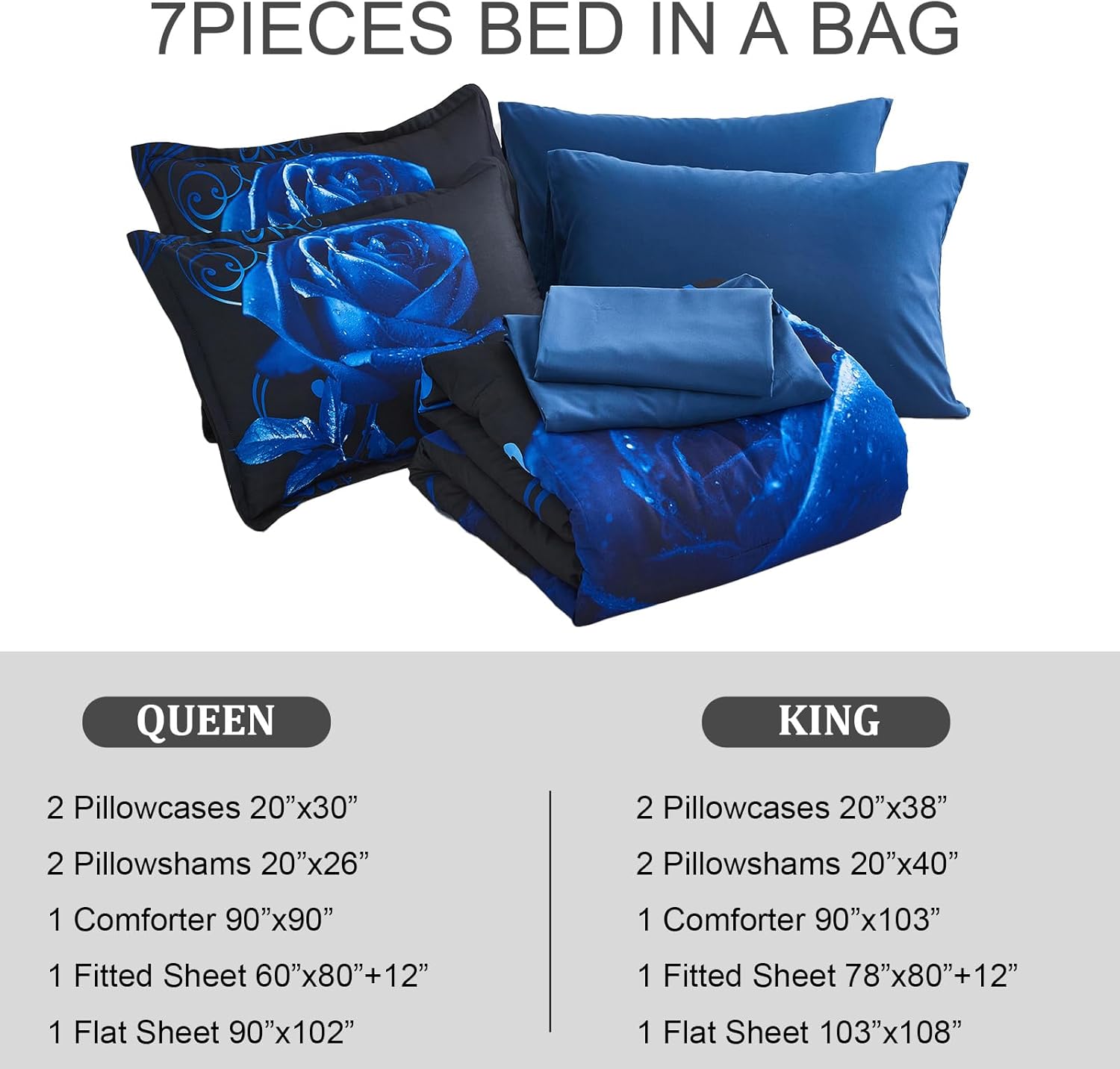 Xruibed Blue Comforter Set Queen 7 Piece Bed in a Bag Blue Rose Comforter with Sheet Set Soft Micorfiber Reversible Bedding Set (1 Comforter,2 Pillow Shams,1 Flat Sheet,1 Fitted Sheet,2 Pillowcases) - Image 9