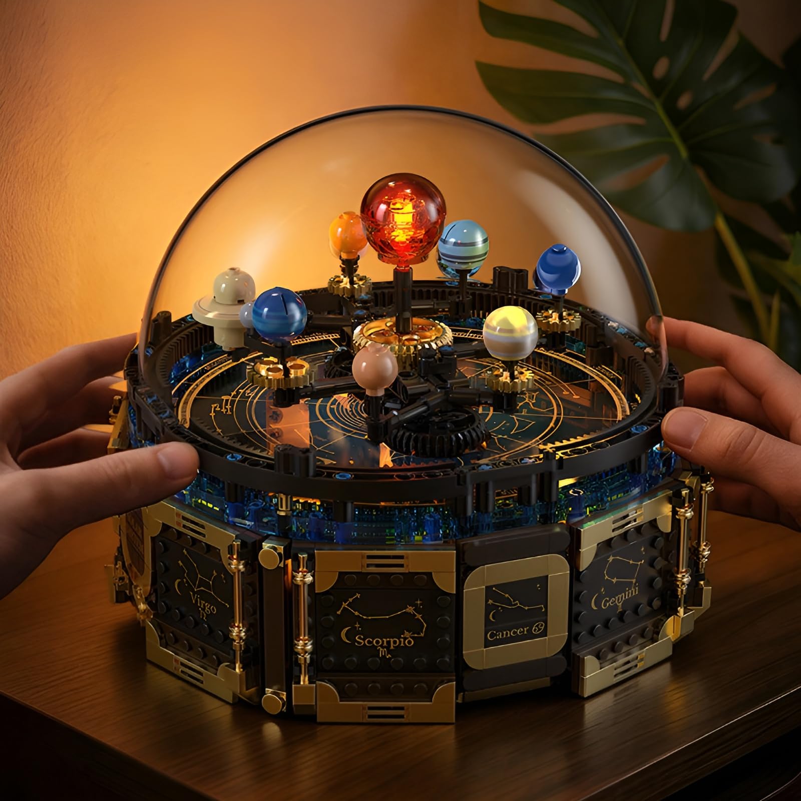 Technick Solar System Orrery Bausatz, 989Teile Rotierendes Planetenmodell mit Spieluhr, Astronomische Kuppelausstellung, Vintage Kosmische Deko, Kreative Geschenke für Weltraum-Enthusiasten
