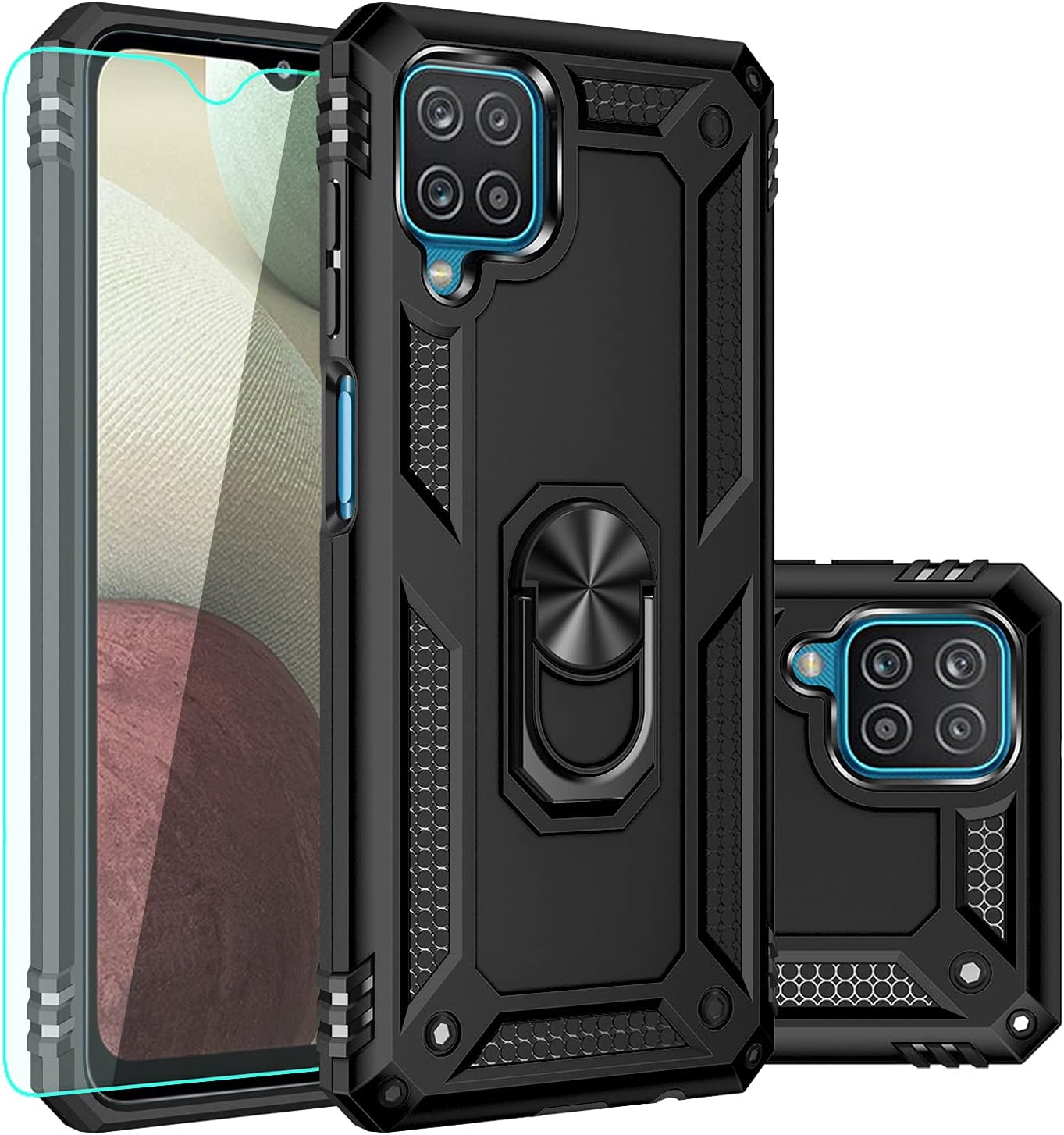 for Galaxy A12 Case,with Screen Protector,[Military Grade] 16ft. Drop Tested Cover with Magnetic Kickstand Car Mount Protective Case for A12, Black