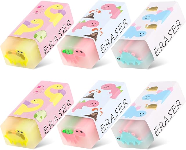 6 Pcs Cute Erasers for Kids, Dinosaur Rubbers Erasers Plastic Pencil Erasers Animal Pen Erasers for Student School Office Xmas Gifts Party Favors