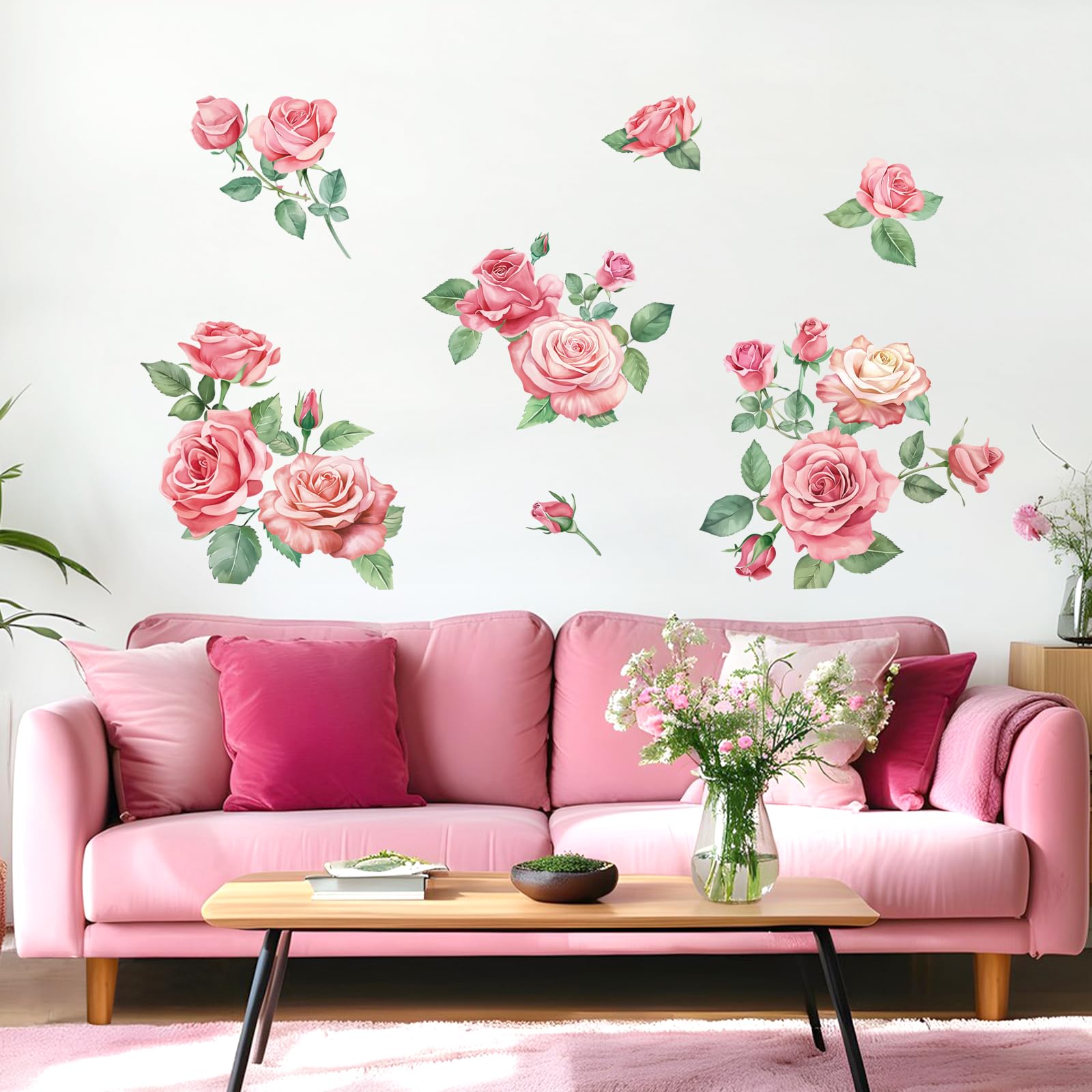FUFUQUARE Watercolor Pink Rose Flowers Wall Stickers Blooming Floral Wall Art Decals Peel and Stick for Bedroom Living Room Nursery