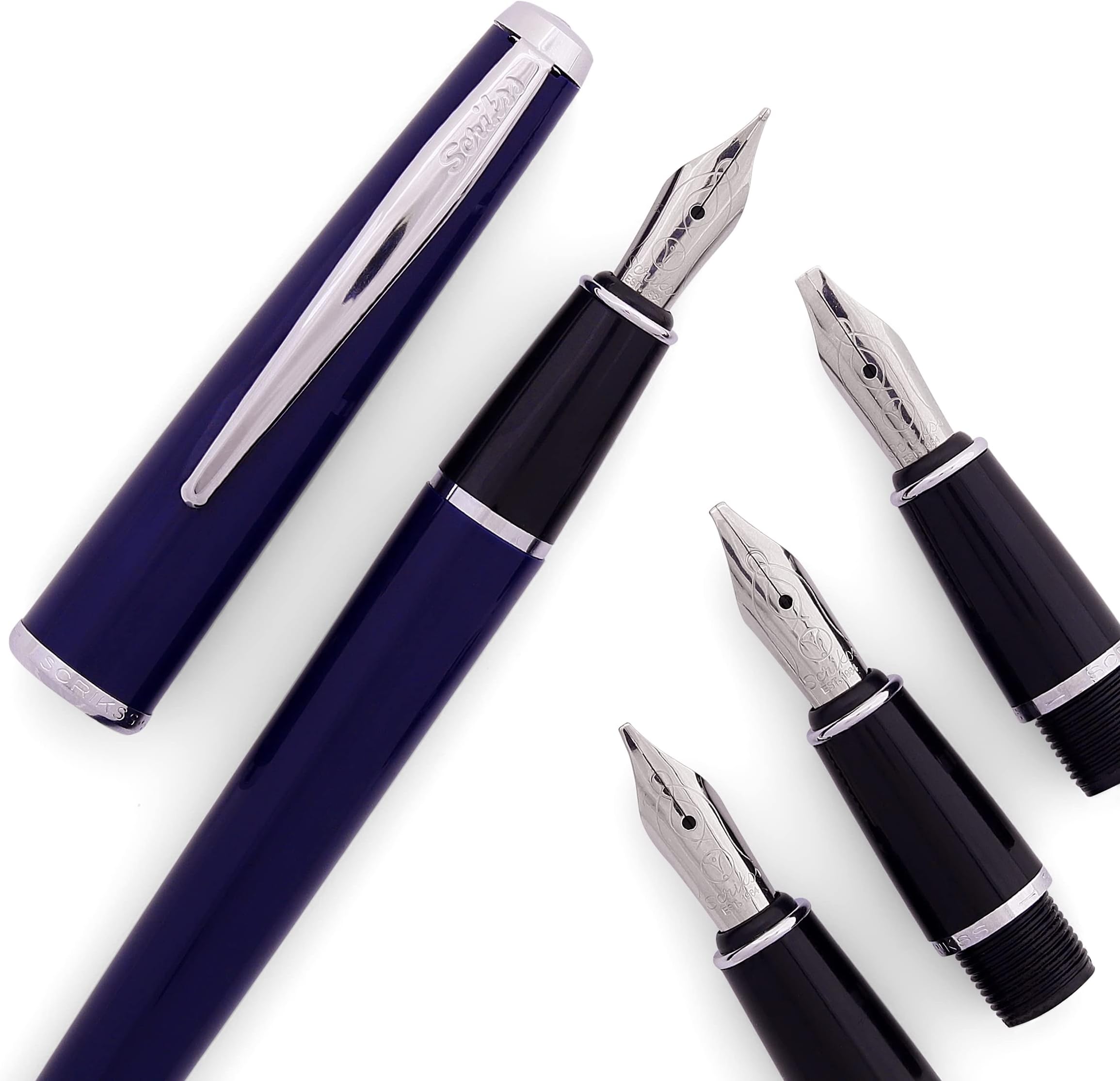 Scrikss Blue Calligraphy Pen Set Medium 1.1, 1.5, 2.3mm Nibs Chrome Trim Clip Converter 6 Black Ink Cartridges Blue Body & Cap