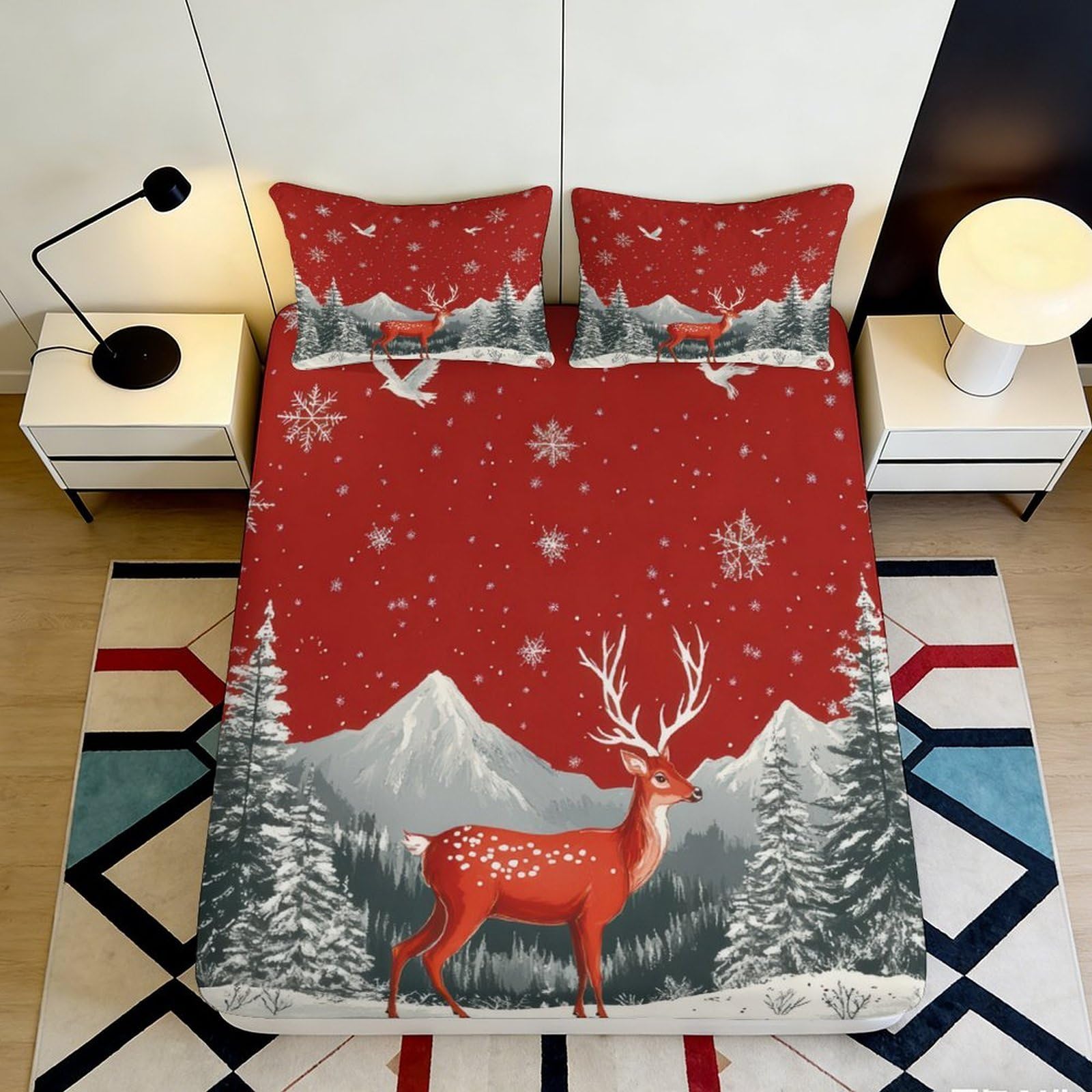 3D Printed Snow Deer Fitted Sheet Microfiber Deep Pocket Non-Slip Bedroom Bedding Snow Scene Mattress Fitted Cover Washable 140x200x25cm
