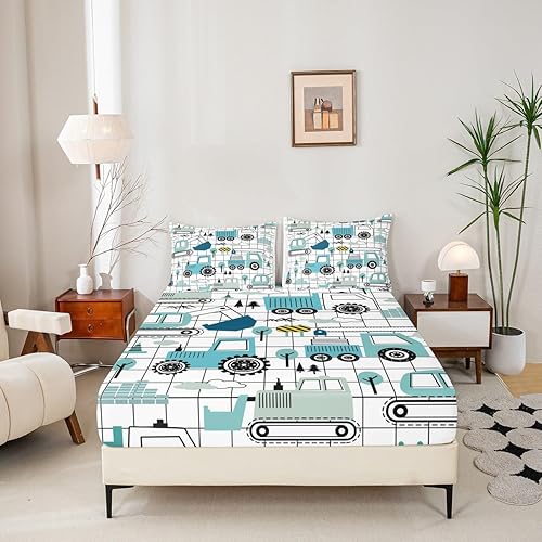 Miniatura 5 de Feelyou Juego de sábanas de construcción para niñas y niños, tamaño individual, diseño de dibujos animados, excavadora, tractor, sábanas con
