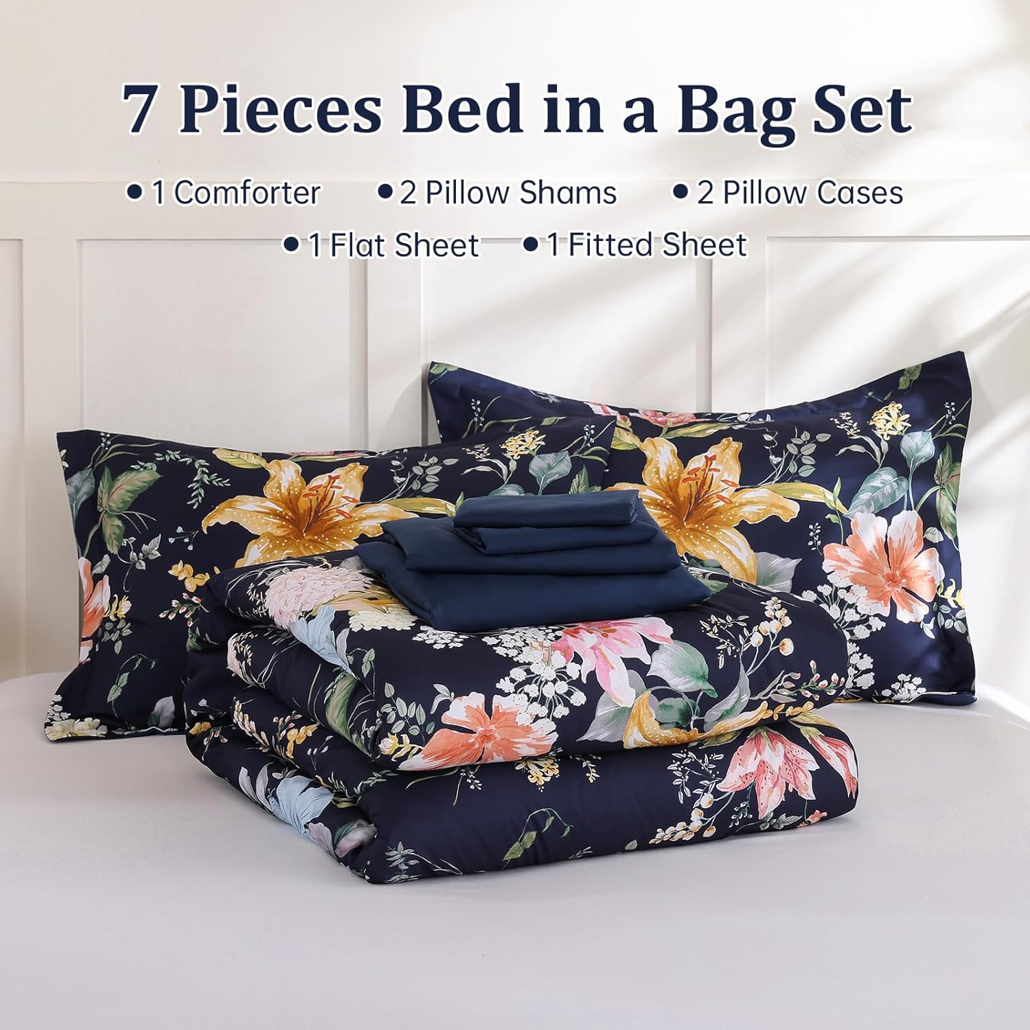 Drucon Queen Comforter Set - 7 Pieces Floral Navy Blue Soft Bedding Sets, Queen Bed in a Bag with Botanical Flowers Comforter, Sheets, Pillowcases & Shams - Image 7