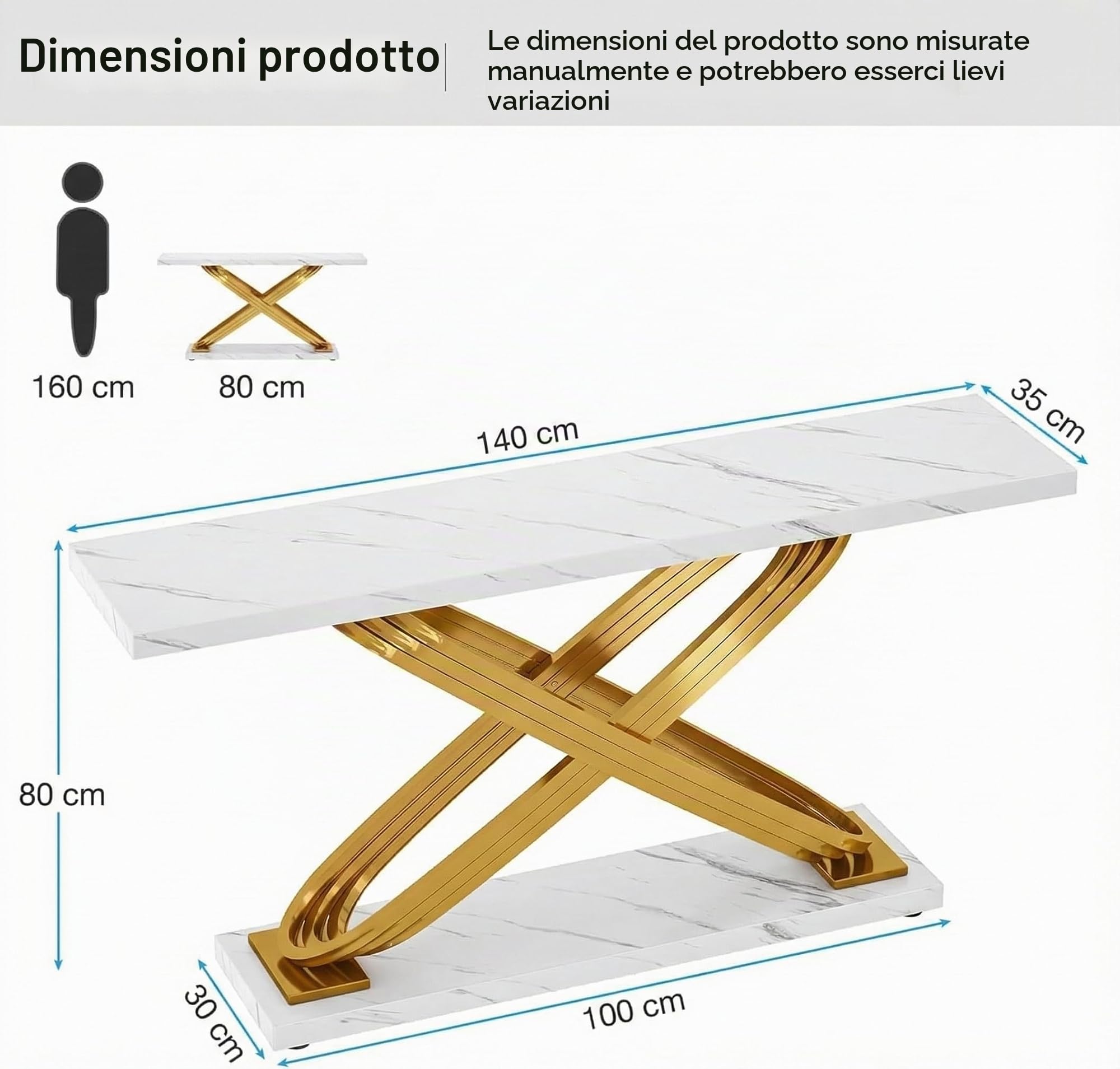 Lailang 80cm Consolle Ingresso, Tavolo Stretto E Lungo, Mobile Ingresso Corridoio, Consolle Ingresso Legno, Mobile Soggiorno Moderno, 80 x 35 x 140 cm, Oro E Bianco
