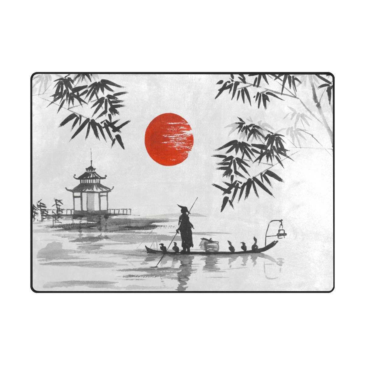 Tapis traditionnel japonais en bambou avec paysage ensoleillé pour salon, chambre à coucher, 160 x 122 cm