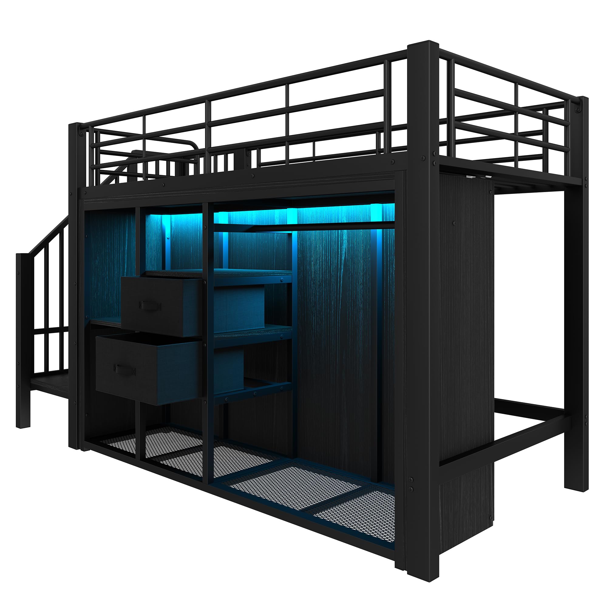 90 x 200 cm, cama alta, 2 cajones, armario abierto, iluminación LED multicolor, varios compartimentos de almacenamiento, sin colchón (negro)