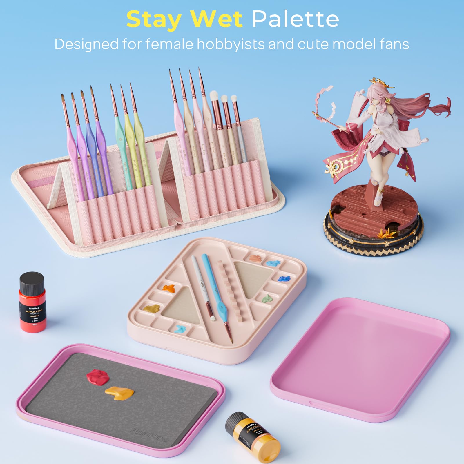 Nicpro Kit de peinture miniature esthétique, palette humide et 16 pinceaux de peinture pastel avec sac en nylon, 100 feuilles de papier, 4 éponges, palette de peinture pour figurines Chibi Miniatures