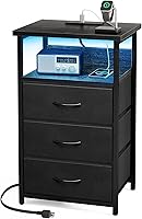 Fixwal LED Nightstand with Charging Station, USB Ports & Outlets, 3 Fabric Drawers, App-Controlled RGB Lights, Black Bedside Table