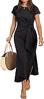 ANRABESS Women's Summer Maxi Dress: Crew Neck Short Sleeve, Tie Waist, Wrinkle-Free Slim Fit Slit Long Vacation Dress 2026