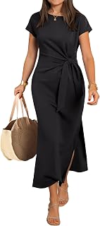 ANRABESS Women's Summer Maxi Dress: Crew Neck Short Sleeve, Tie Waist, Wrinkle-Free Slim Fit Slit Long Vacation Dress 2026