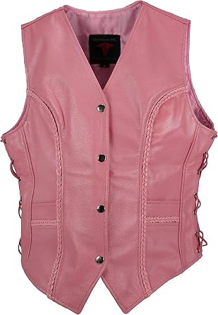 New Pink Lady Biker Motorcycle Classic Leather Vest Concealed Carry Pockets