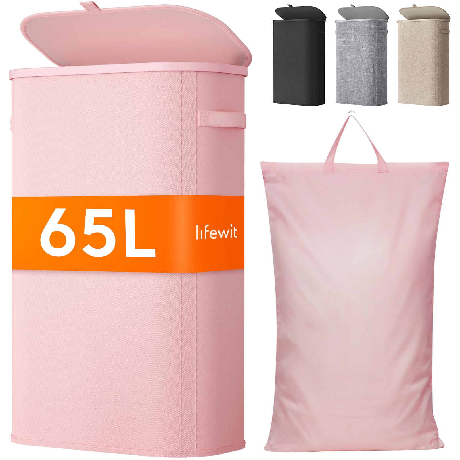 Lifewit 85L Laundry Basket with Lid, Large Laundry Hamper with Plastic Handles and Removable Bag, Foldable Tall Dirty Clothes Hampers for Laundry for Laundry Room, Bedroom, Bathroom, Dorm, Beige — view 12