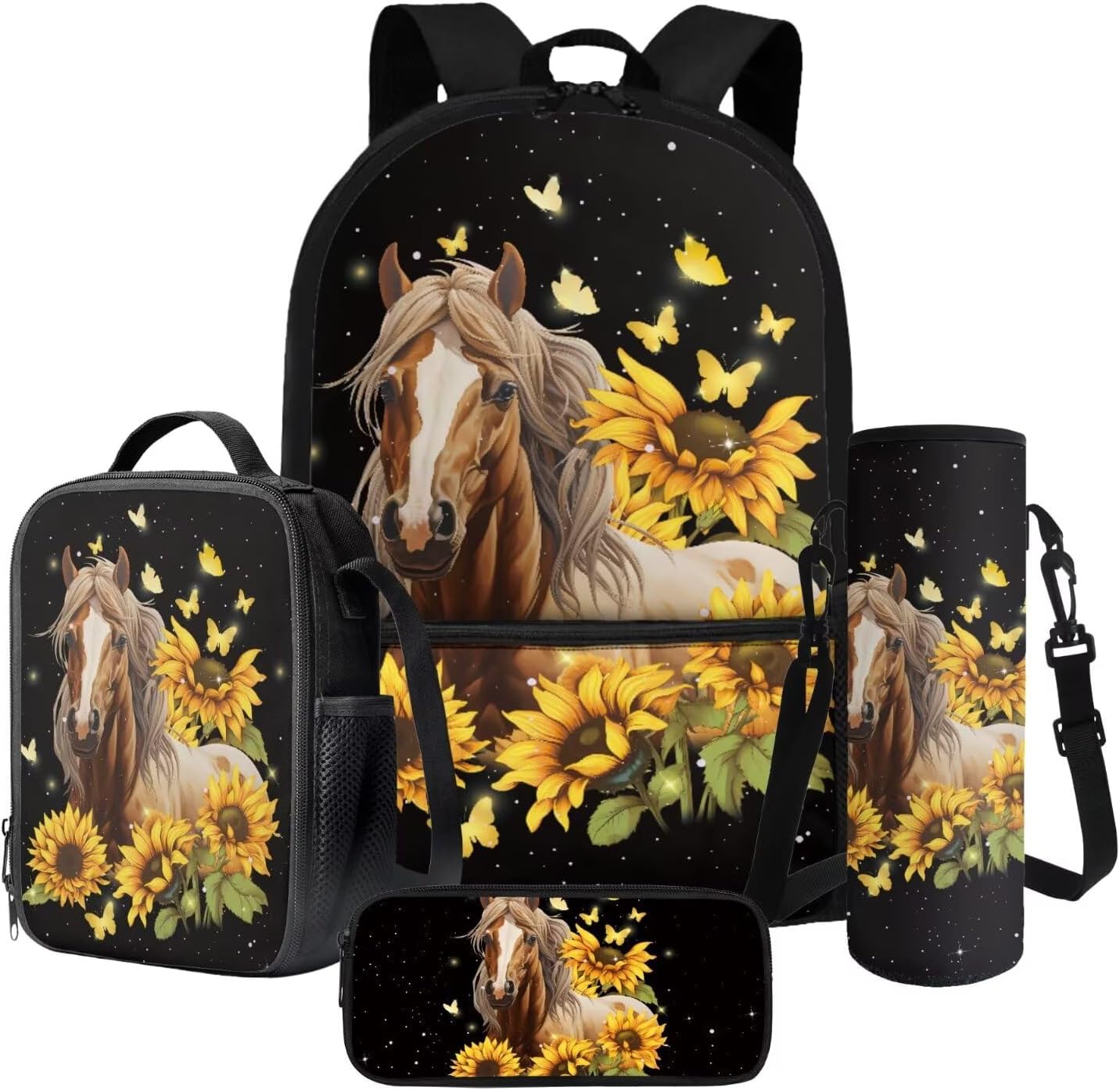 Poceacles School Backpack Set for Kids, 4-Piece Set with School Bag, Insulated Lunch Bag, Water Bottle Holder, and Stationery Organizer for Primary Secondary Students, Horse Sunflower Butterfly Black