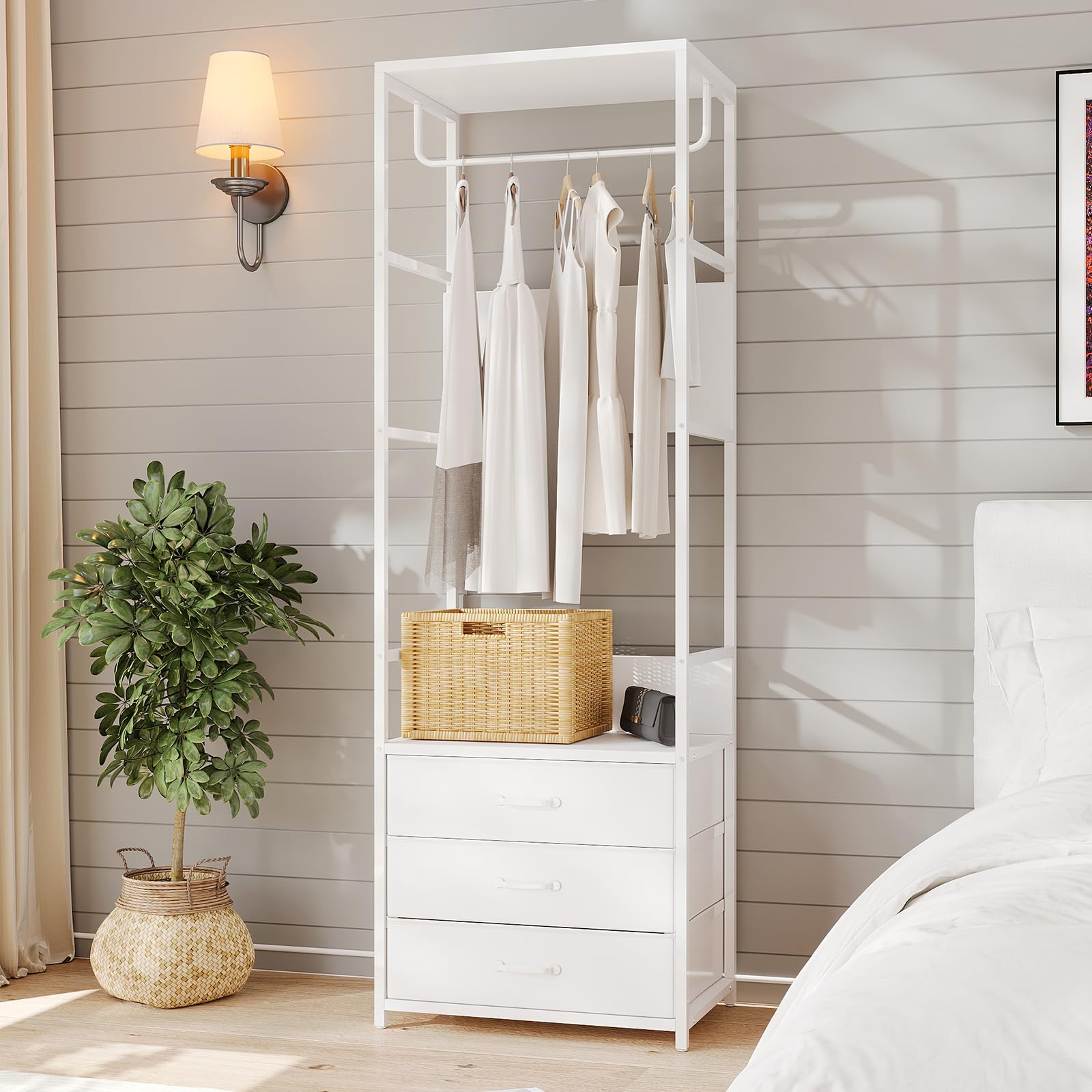 VOWNER Appendiabiti da Terra con Panca e 3 Cassetti, Mobile Ingresso Multifunzionale 60cm, Stand Appendiabiti con Barra e Scarpiera, Attaccapanni Salvaspazio Moderno per Corridoio e Camera, Bianco